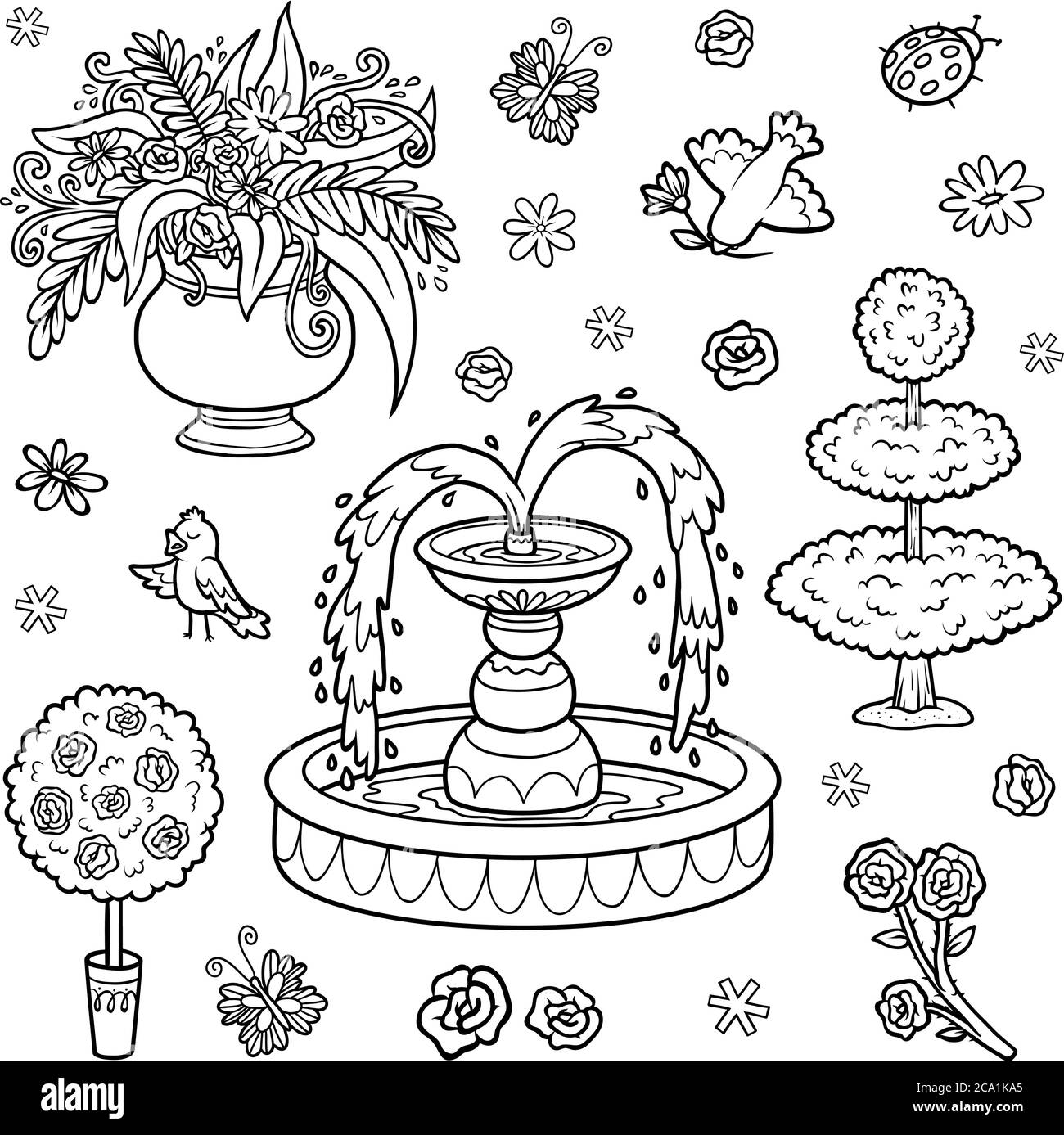 Schwarz-Weiß-Set von Objekten aus dem königlichen Garten. Vektor Cartoon Brunnen, Blumen, Büsche für eine Prinzessin Stock Vektor