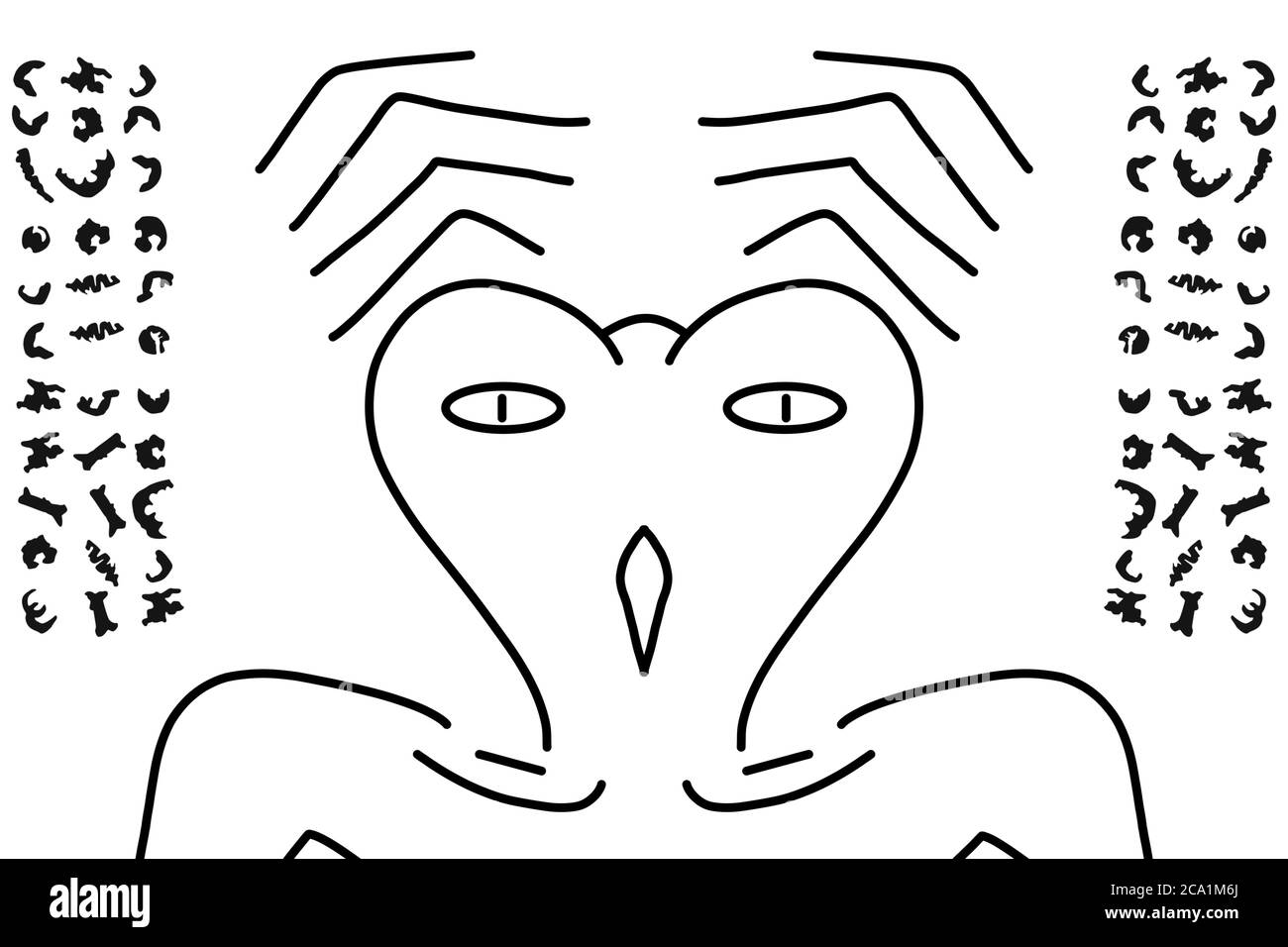 Schwarz und weiß Alien Gesichtsmuster für Malerei, Verpackung, Tapete und Stoff, Alien kommunizieren durch Telepathie, Alien-Alphabet-Symbole Stockfoto