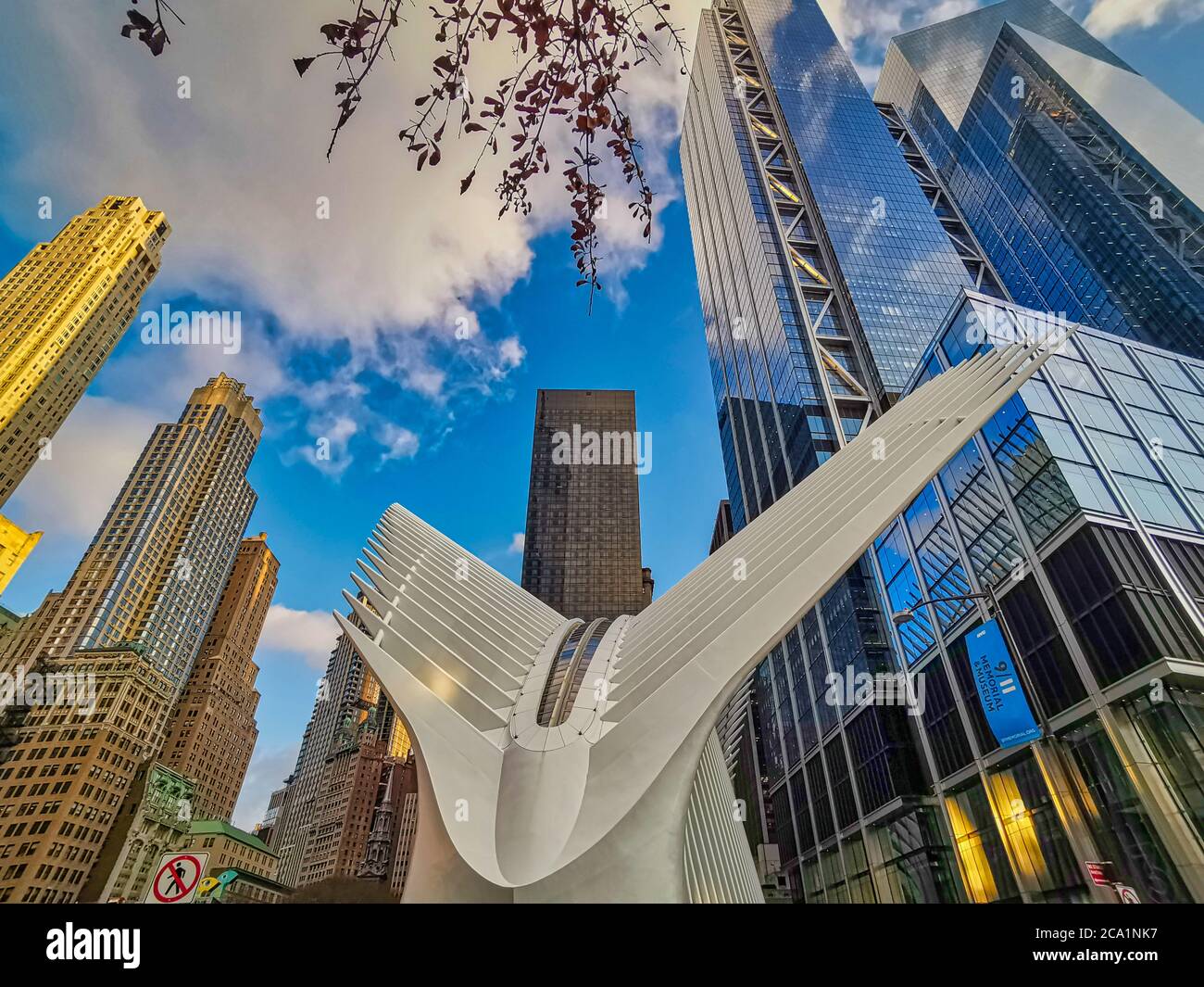 World Trade Center Transportation Hub (Oculus) in New York City Financial District Tageslichteinfall Außenansicht aus tiefem Winkel Stockfoto
