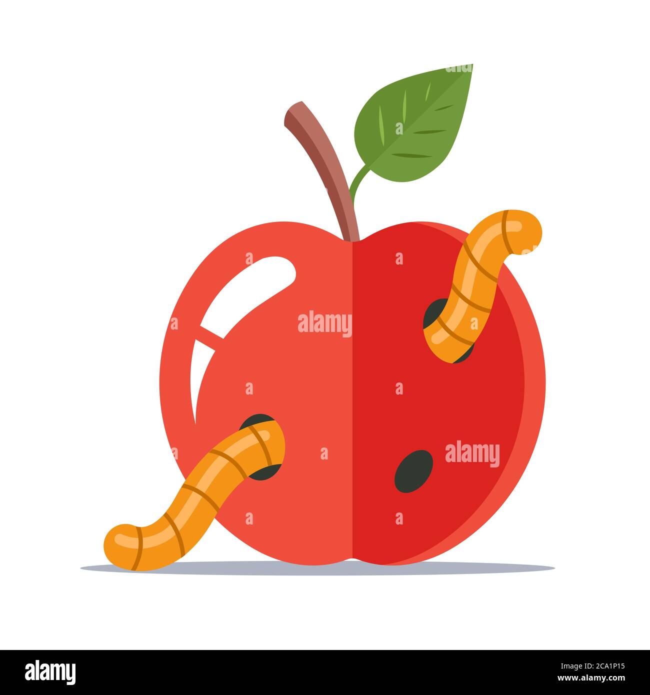 Wormy roten Apfel mit einem grünen Blatt. Flache Vektor-Illustration. Stock Vektor
