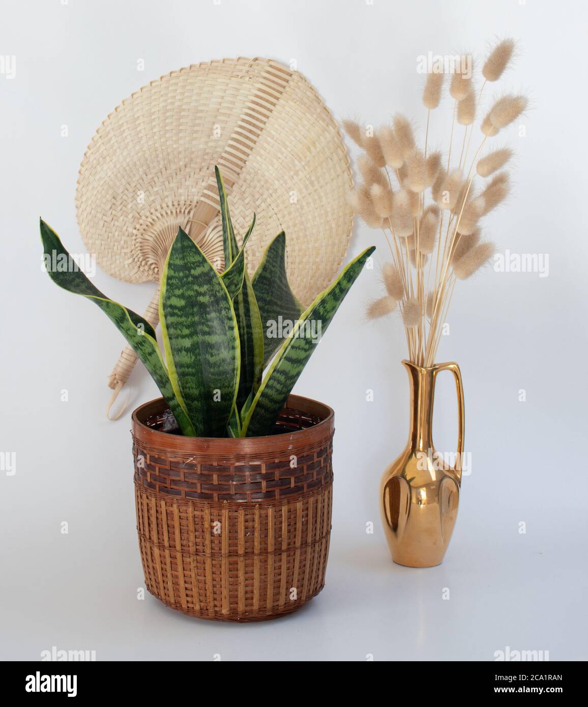 Retro Stillleben mit Topfpflanze in Rohrtopfgold Vase und Strohgebläse Stockfoto