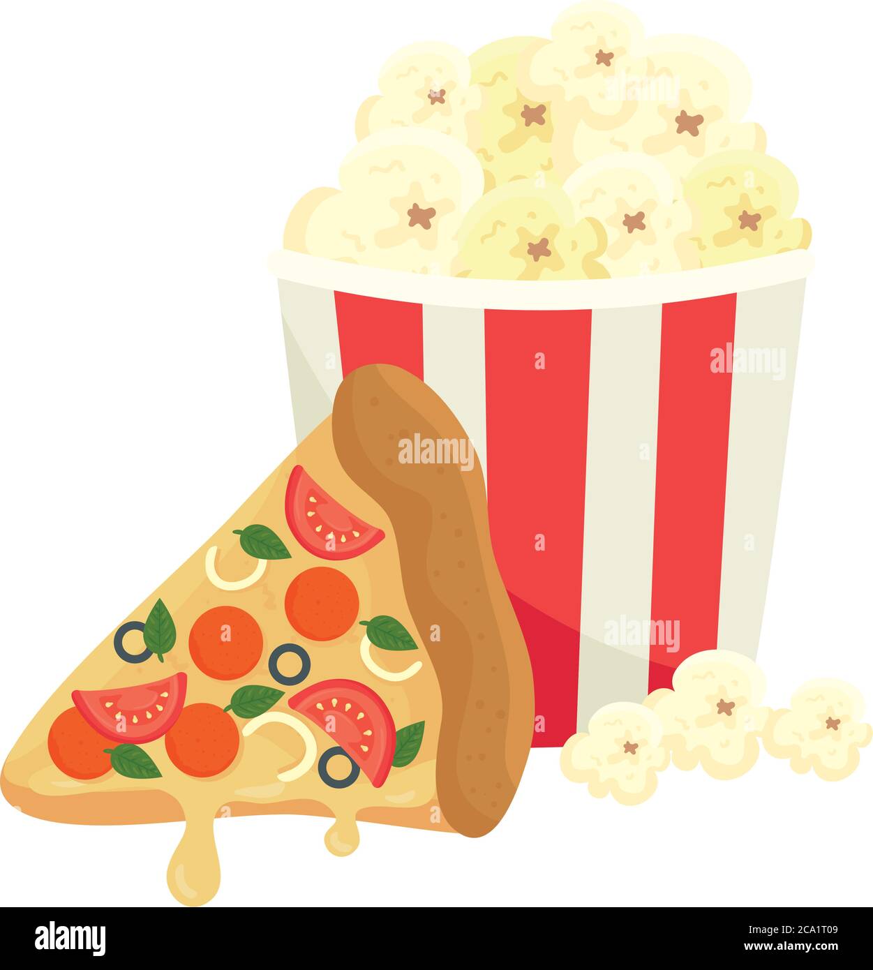 Scheibe Pizza mit Popcorn, auf weißem Hintergrund Stock Vektor