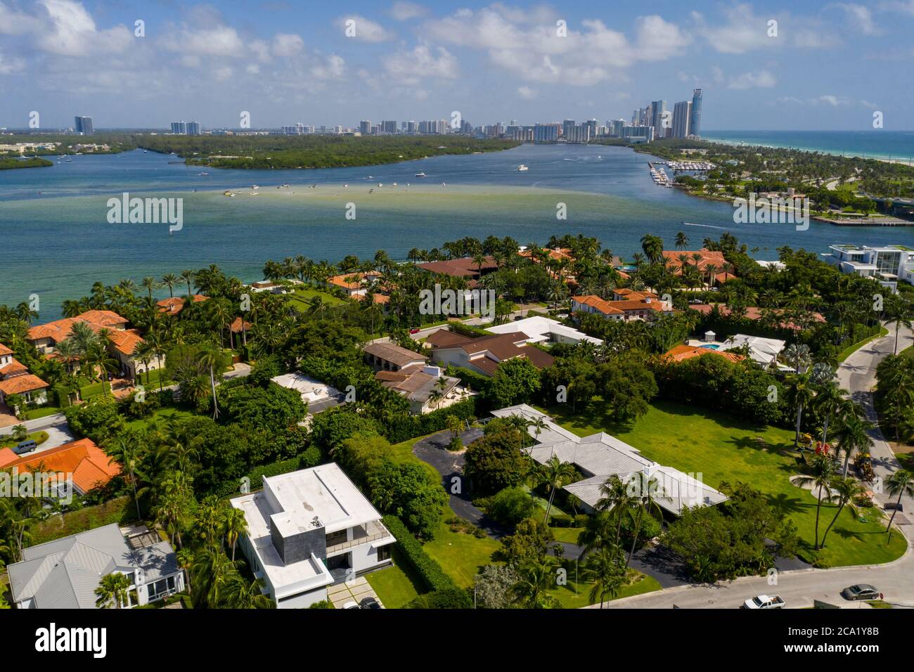 Luftaufnahme Miami Beach Haulover Einlass und Sandbank Stockfoto