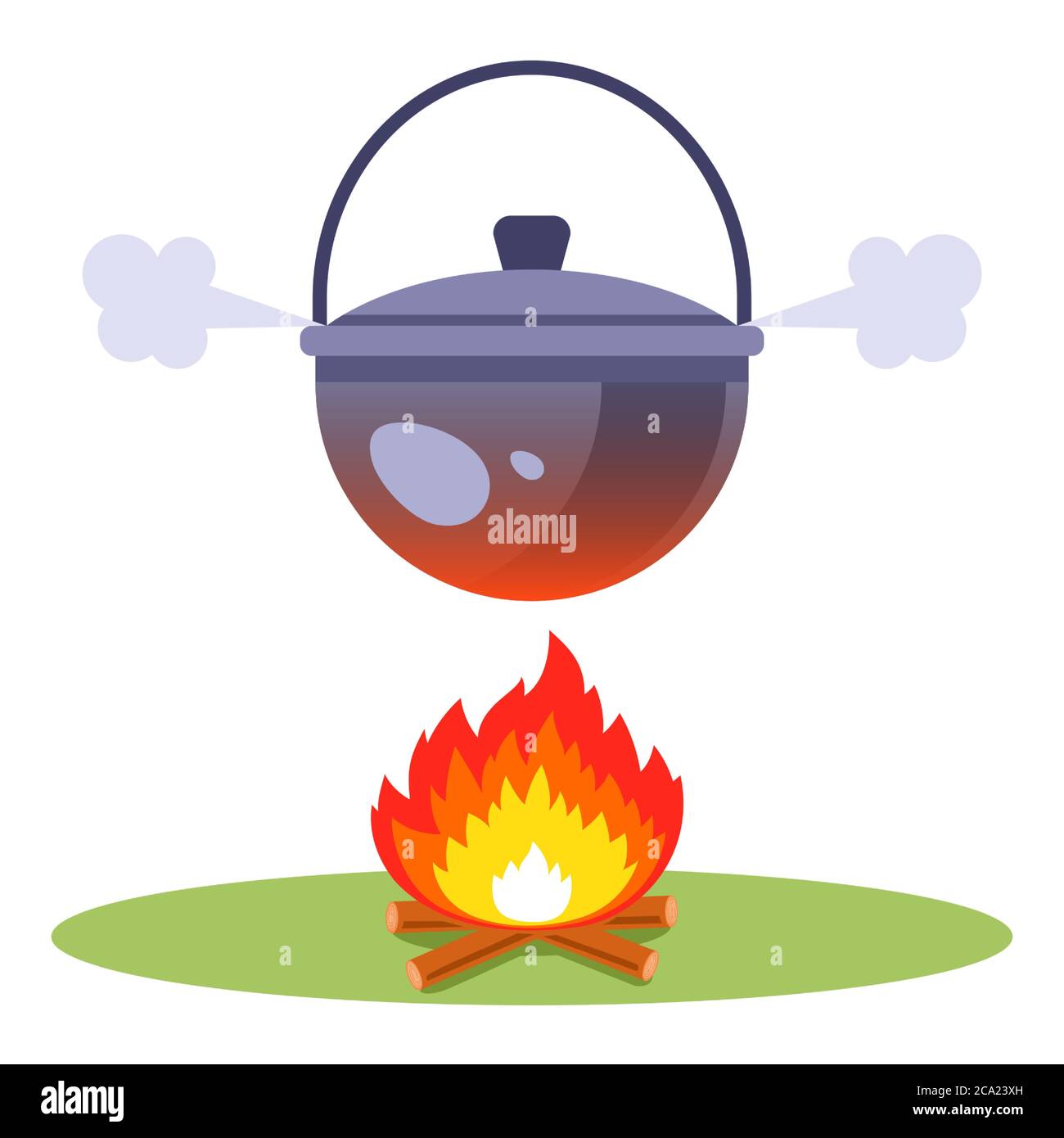 Kochen Sie Wasser über einem Feuer. Kochen Sie Suppe im Wald. Flache Vektor-Illustration. Stock Vektor