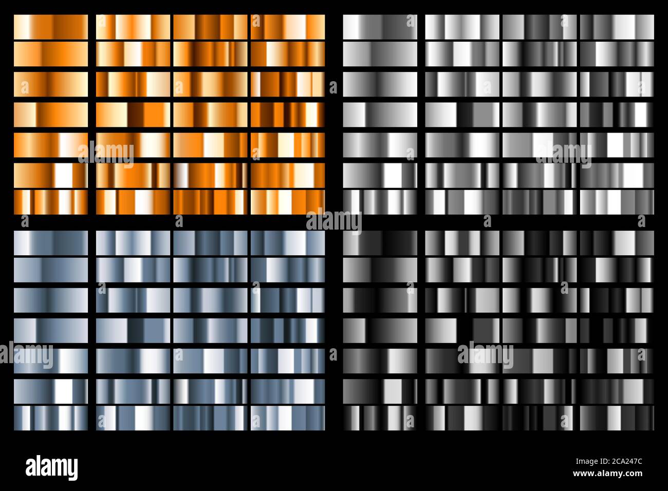 Set aus schwarzen, silbernen, goldenen und hellblauen Metallgradienten Stock Vektor