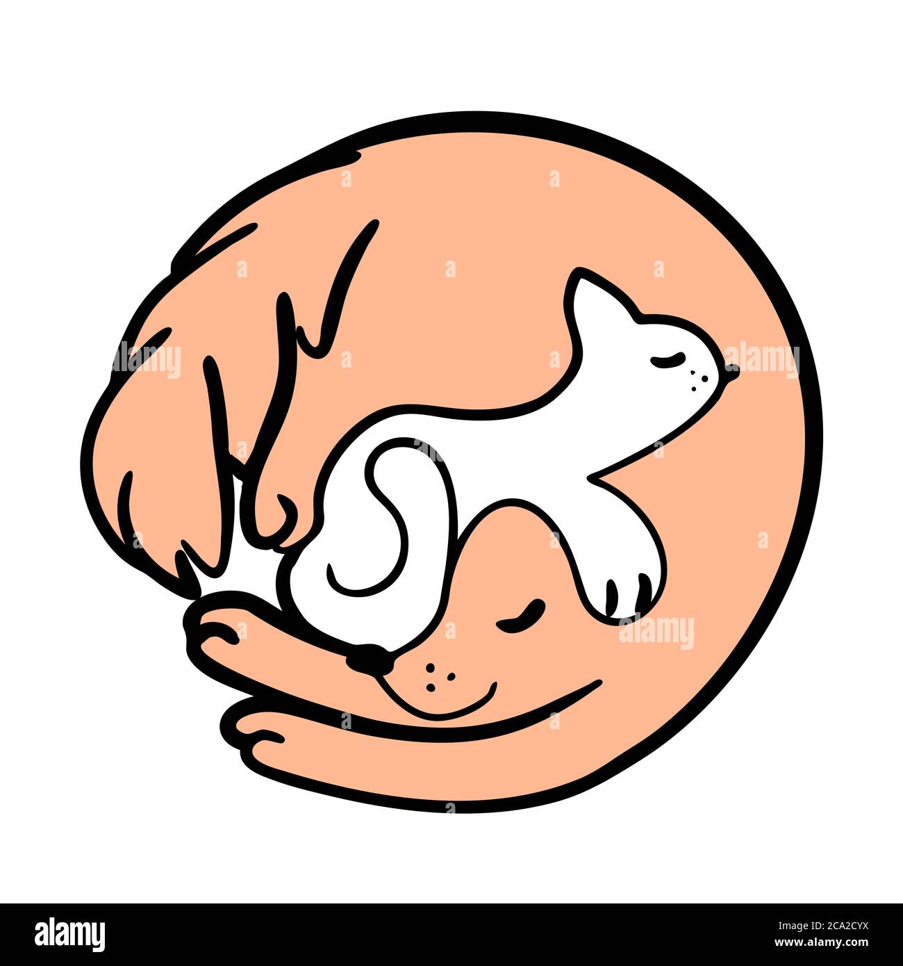 Skizzendarstellung mit zusammen schlafenden Katzen und Hunden rundes Logo. Lustige Haustiere Grußkarte in Linie Zeichnung. Einfache Umriss Curl up Welpen Cartoon-Design für Postkarte. Isolierter Vektor des Ruhekonzepts. Stock Vektor