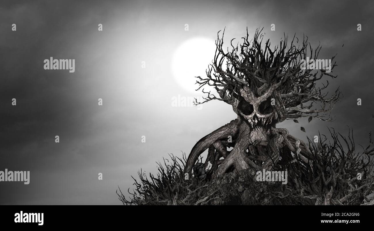 Grusel Baum Hintergrund und halloween gespenstisch gruselige Pflanze als  Monster in einer Schädelform als gruselige Zombie wächst als Horror-Thema  Stockfotografie - Alamy