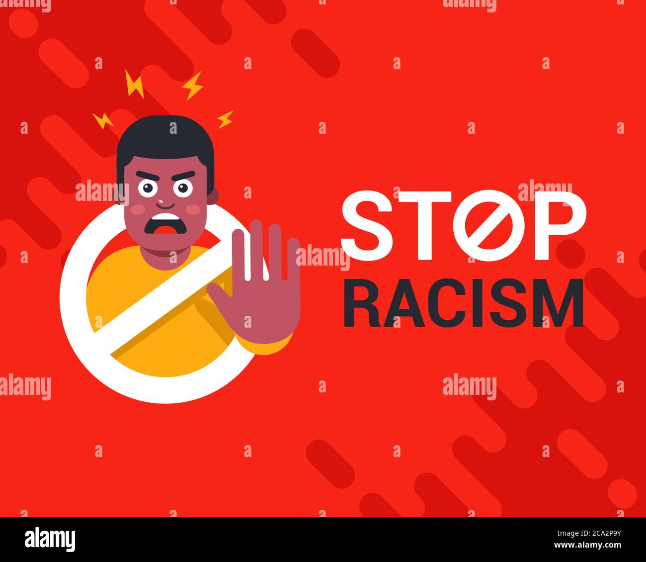 Plakat stoppen Rassismus. Schwarzer wütender Mann. Stoppen Sie Gewalt gegen Menschen. Flache Vektor-Illustration. Stock Vektor