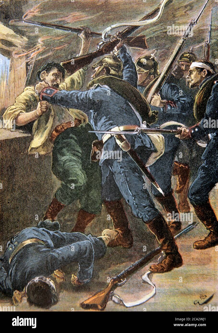 Erster Weltkrieg (1914-1918). Zerstörung der Mühle. Gravieren. Spätere Färbung. Stockfoto