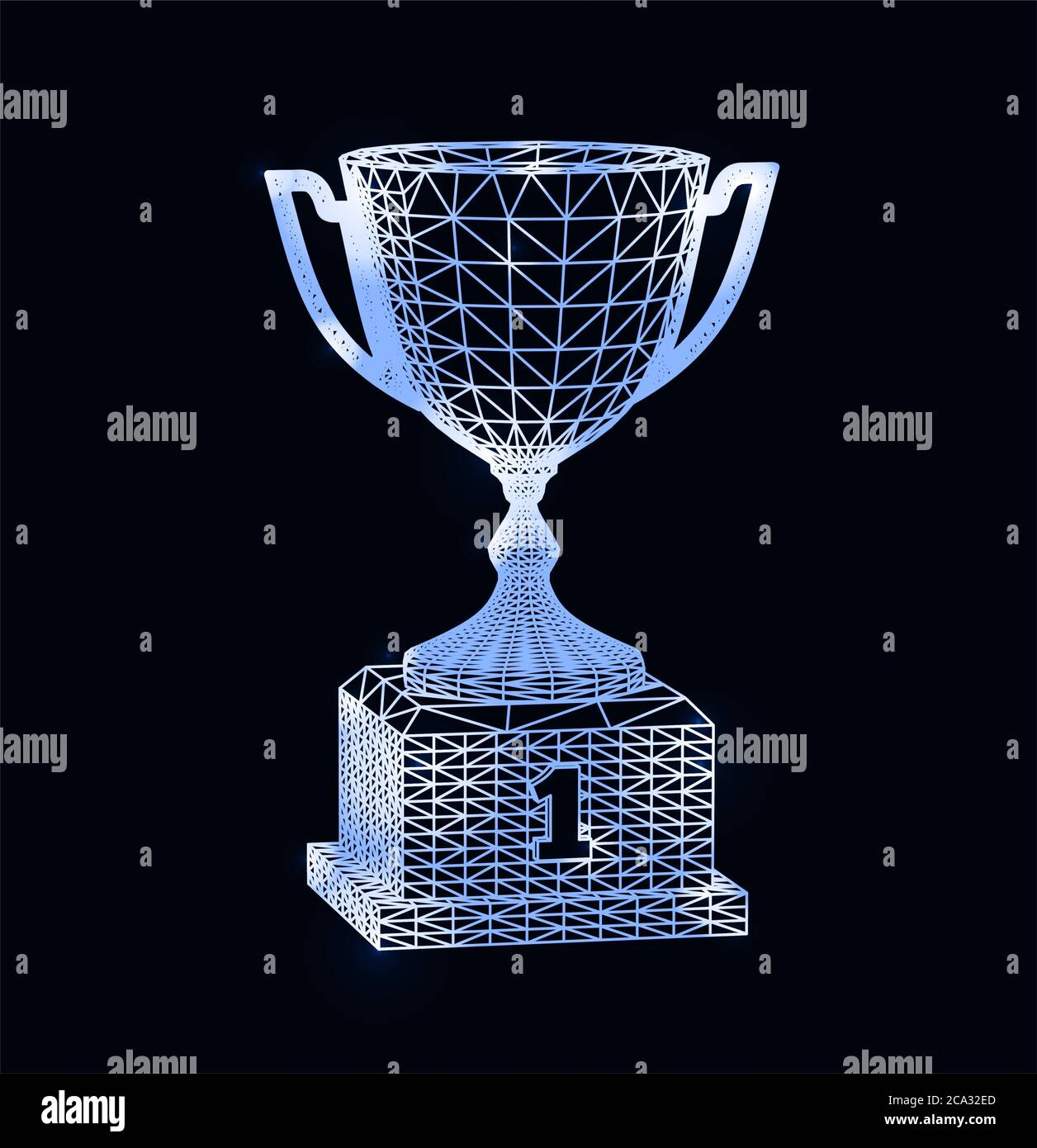 Siegerpokal mit polygonalem Gitter auf dunklem Hintergrund. Vektorgrafik. Stockfoto