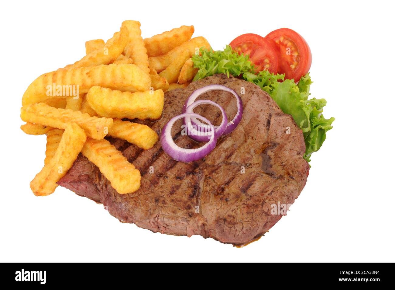 Gebratenes Rumpsteak mit Pommes Frites Mahlzeit isoliert auf weißem Hintergrund Stockfoto