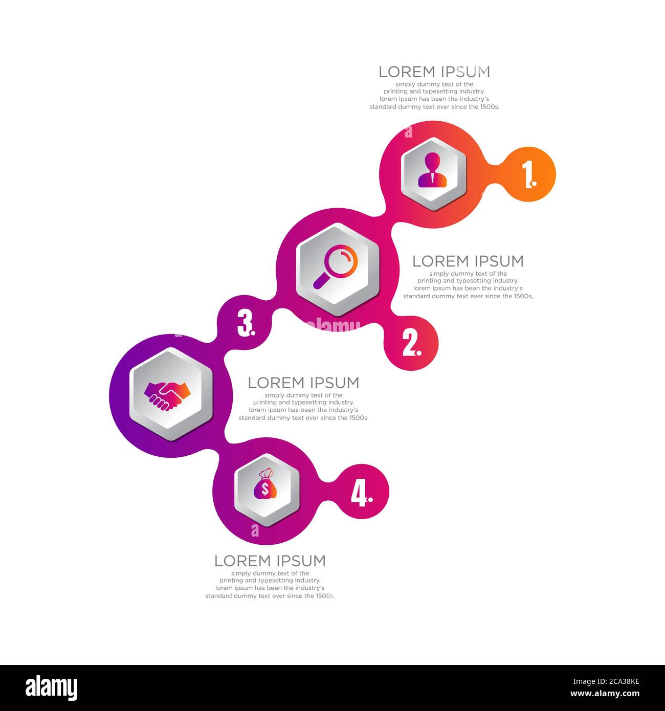 Vier Schritte Prozessdiagramm Folienvorlage. Geschäftsdaten. Fluss, Diagramm, Design. Kreatives Konzept für Infografik, Präsentation. Kann für Themen verwendet werden Stock Vektor