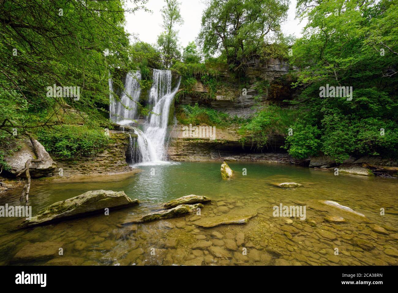 Idyllischer Regenwald Wasserfall, Bach fließt in den üppigen grünen Wald. Hochwertige Bilder. Stockfoto