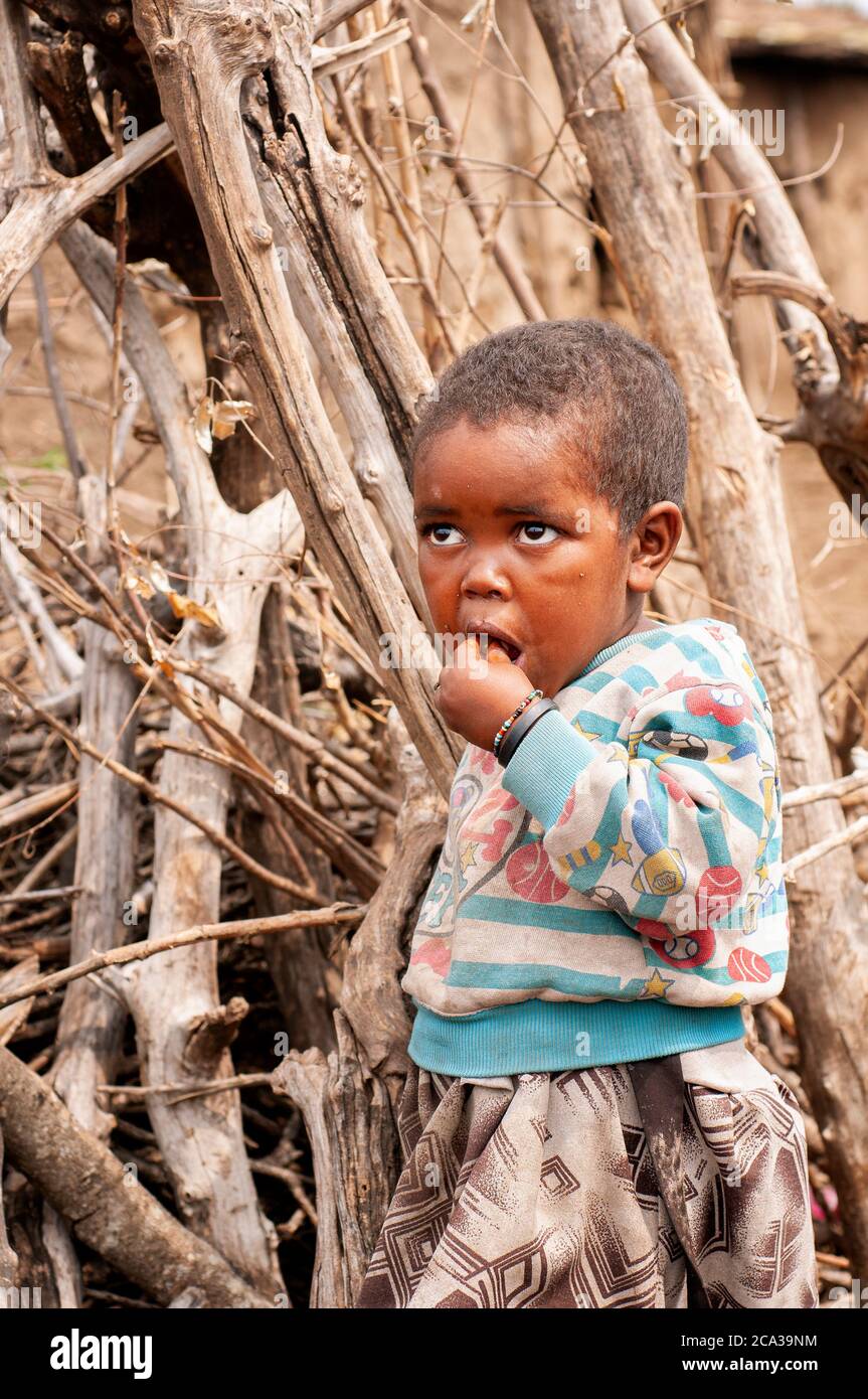 Kleines masai Mädchen, in einem maasai Dorf. Maasai Mara National Reserve. Kenia. Afrika. Stockfoto