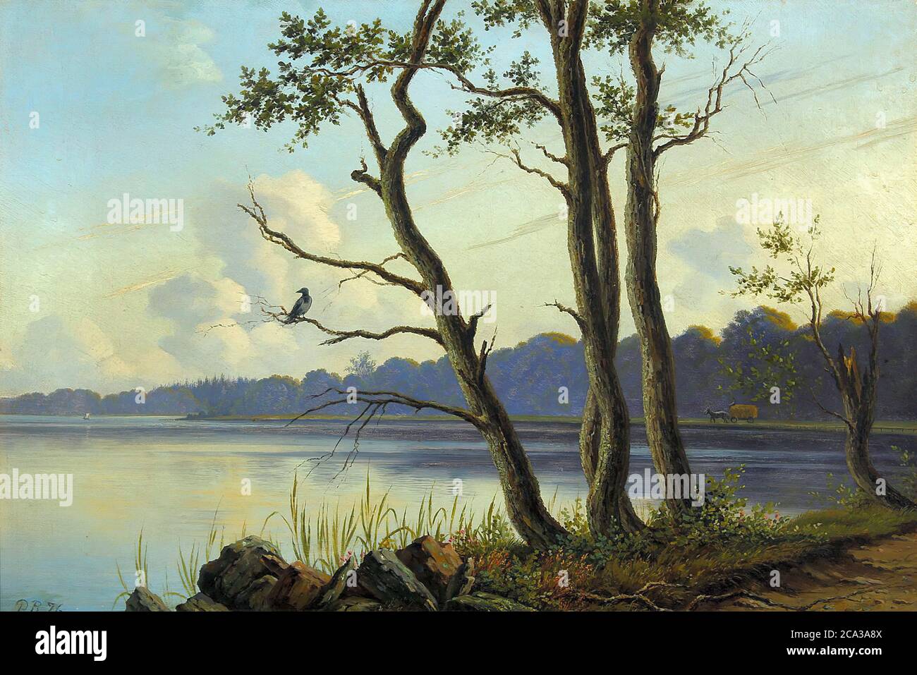 Raadsig Peter - Landschaft aus dem Brink eines Sees mit einer Krähe in einem Baum - Dänische Schule - 19. Und Anfang des 20. Jahrhunderts Stockfoto