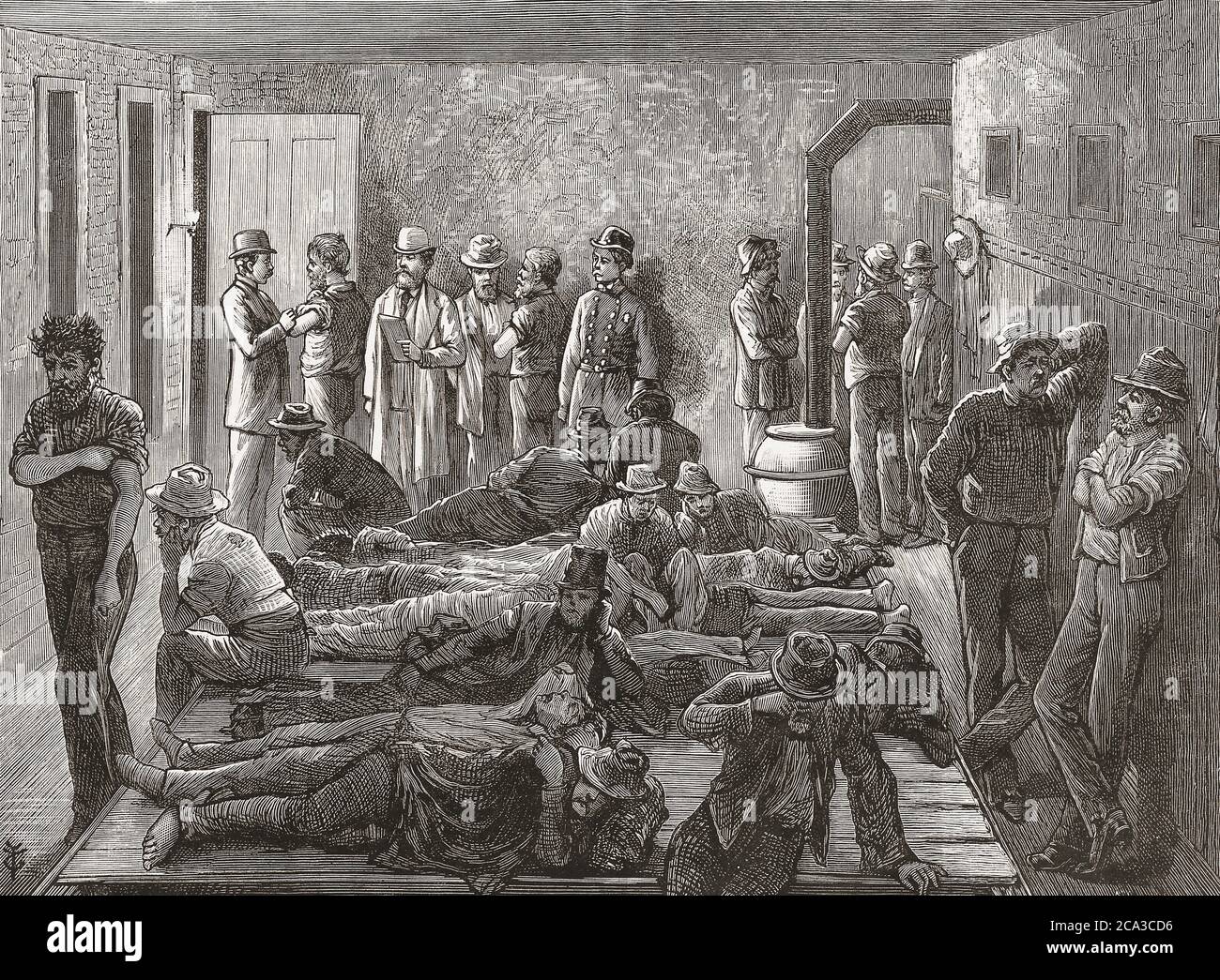 Isolation von Obdachlosen während einer Pockenepidemie in New York, USA im späten 19. Jahrhundert. Ausbrüche von ansteckenden Krankheiten in Slum-Gebieten waren Stockfoto