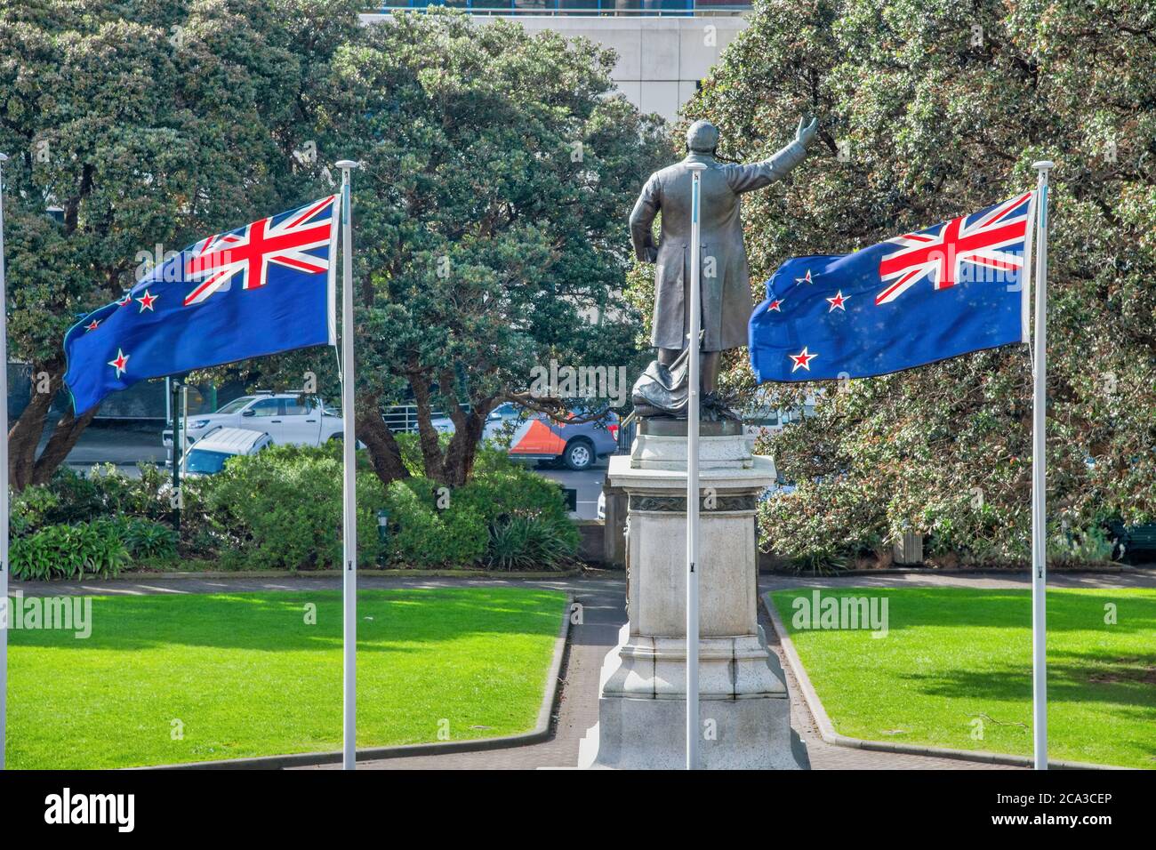 Neuseeland winkende Fahnen auf einem Stadtpark von Wellington, Stockfoto