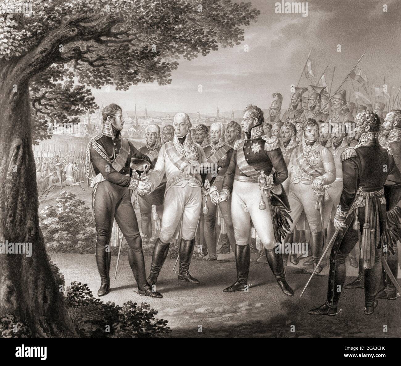 Treffen in Prag am 18. August 1813 zwischen den europäischen Monarchen, die Teil der Sechsten Koalition gegen Napoleon waren: Franz I., Kaiser von Österreich, Stockfoto