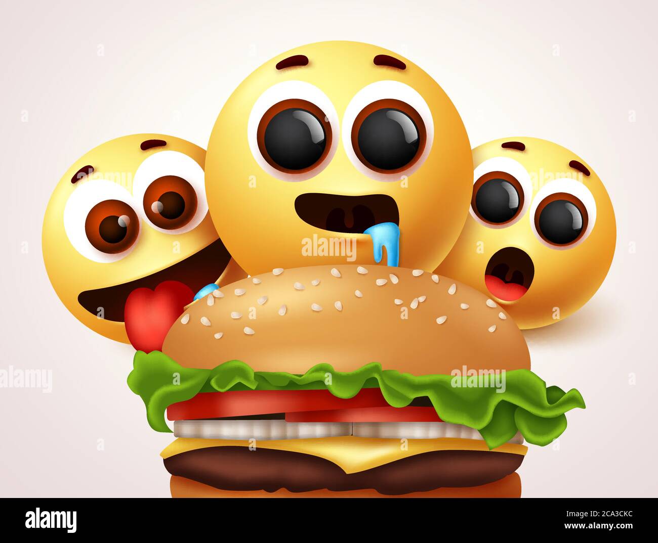 Smiley Emojis hungrig von Burger Charakter Vektor-Design. Emoji Smileys ...