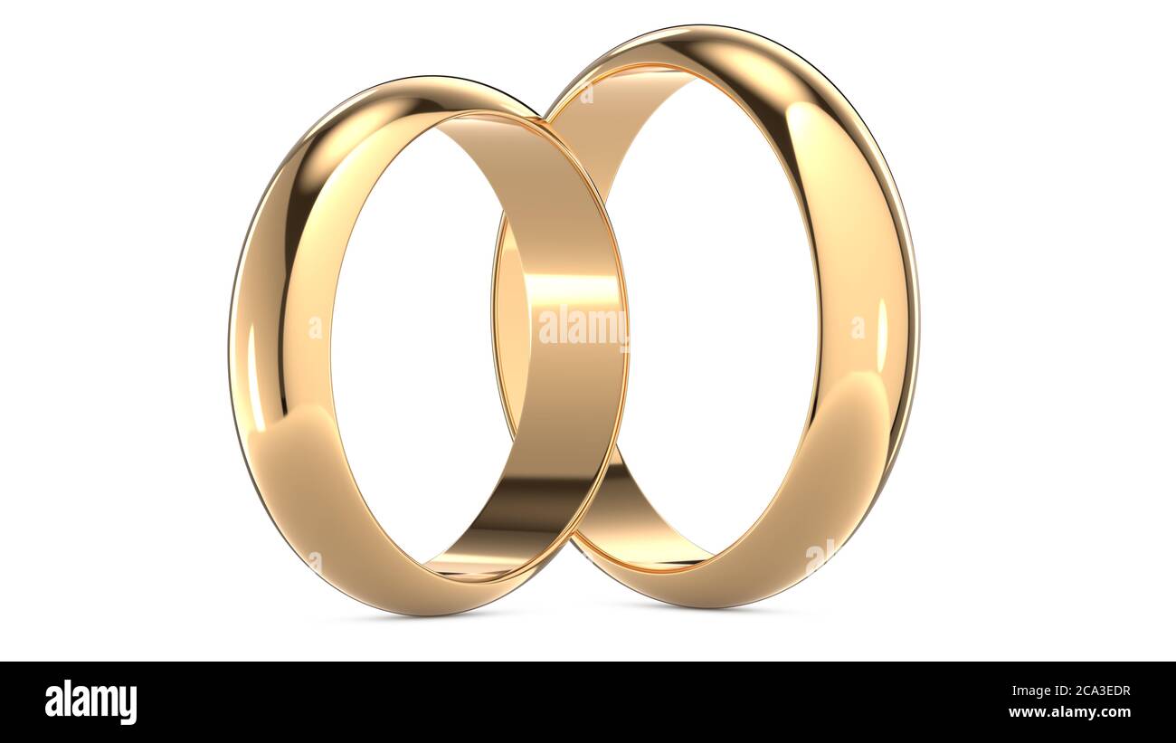 3D Rendering Illustration von zwei goldenen Eheringe isoliert auf weiß. Hochzeit und Heirat Konzept. Stockfoto