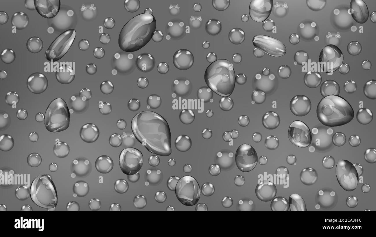 Hintergrund von Wassertropfen und Blasen verschiedener Formen in grauen Farben Stock Vektor