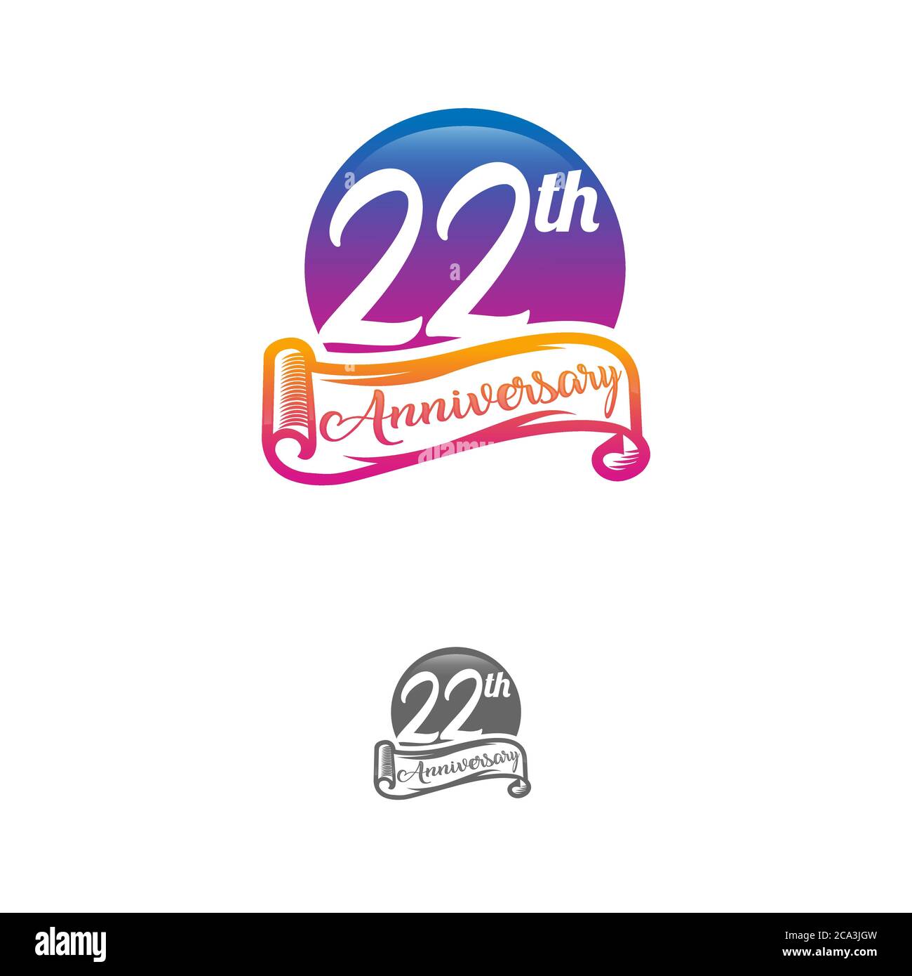 22 Jahre Jubiläums-Logo-Vorlage isoliert auf weiß, schwarz und weiß Stempel 22. Jahrestag Icon-Label mit Band Stock Vektor