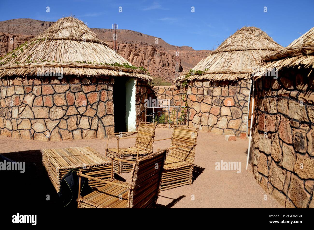 Algerien, Illizi, Tassili N'Ajjer Nationalpark: Tuareg Gasthäuser & Pensionen im Dorf Iherir. Stockfoto