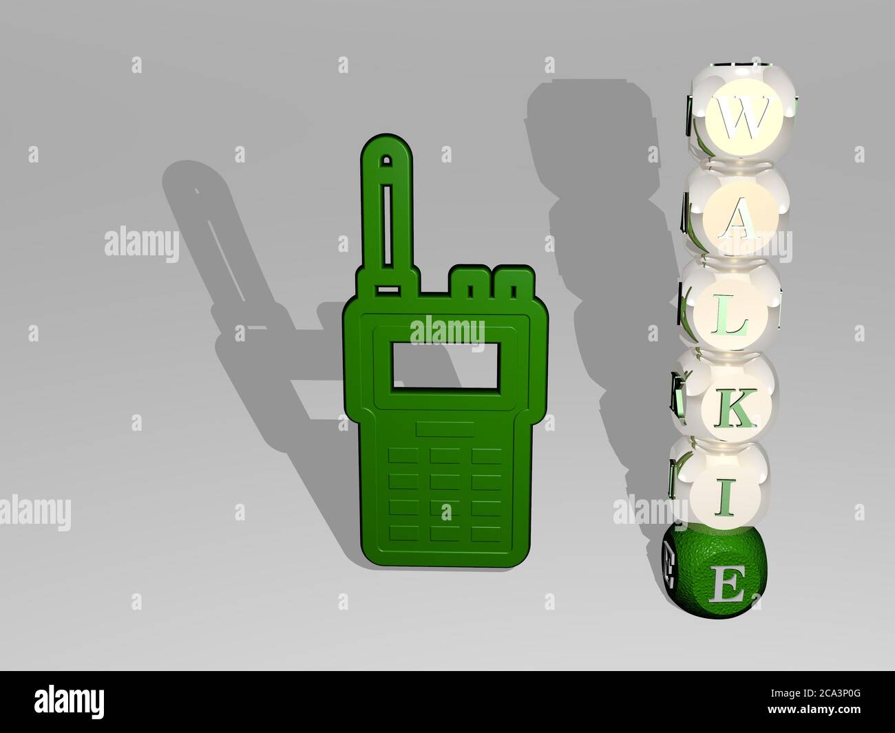 3D-Grafik-Bild von Walkie vertikal zusammen mit Text um das Symbol von metallischen kubischen Buchstaben aus der oberen Perspektive gebaut. Ausgezeichnet für das Konzept Präsentation und Diashows. Talkie und Stockfoto