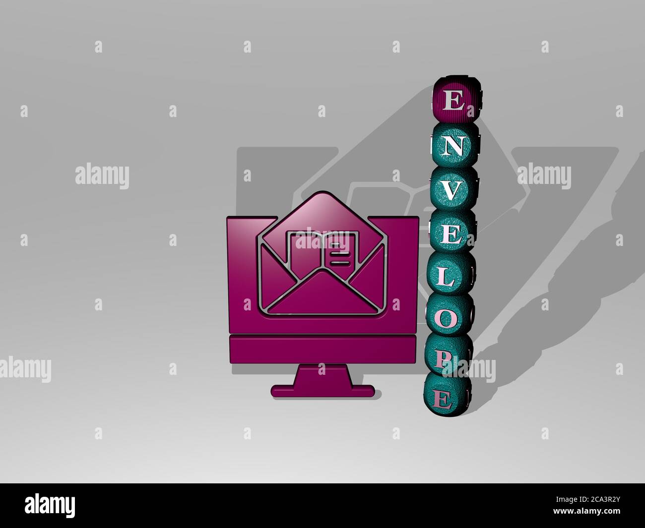 3D-Darstellung von UMSCHLAG mit Symbol an der Wand und Text angeordnet durch metallische kubische Buchstaben auf einem Spiegelboden für Konzept Bedeutung und Diashow-Präsentation. Illustration und Hintergrund Stockfoto