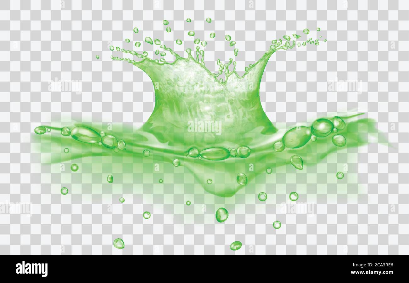 Durchscheinende Wasseroberfläche mit Krone und Tropfen von fallendem Gegenstand. Splash in grünen Farben, isoliert auf transparentem Hintergrund. Seitenansicht. Transparenz Stock Vektor