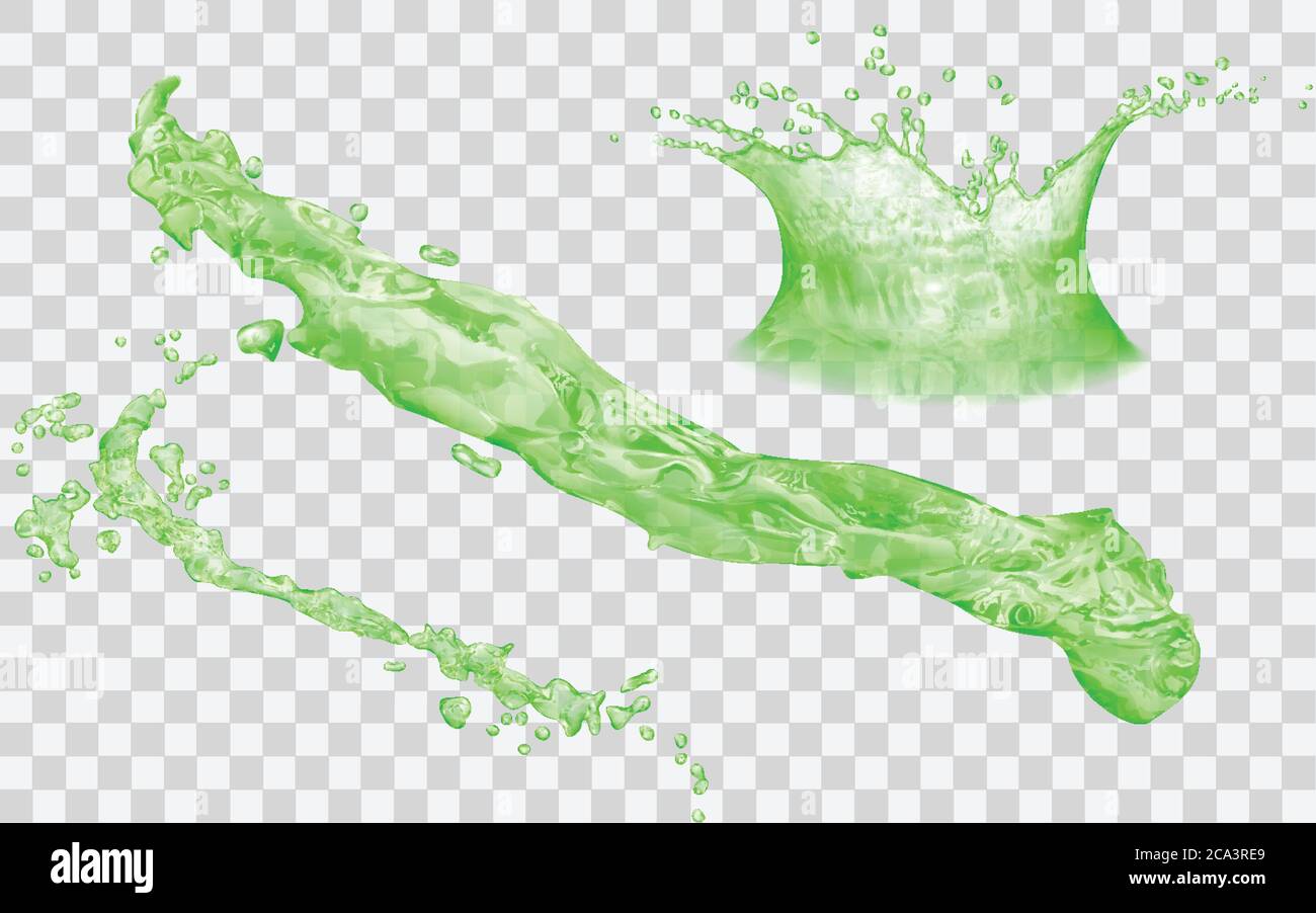 Durchsichtige Spritzer und Wasserkrone mit Tropfen - Seitenansicht. In grünen Farben, isoliert auf transparentem Hintergrund. Transparenz nur in Vektordatei Stock Vektor