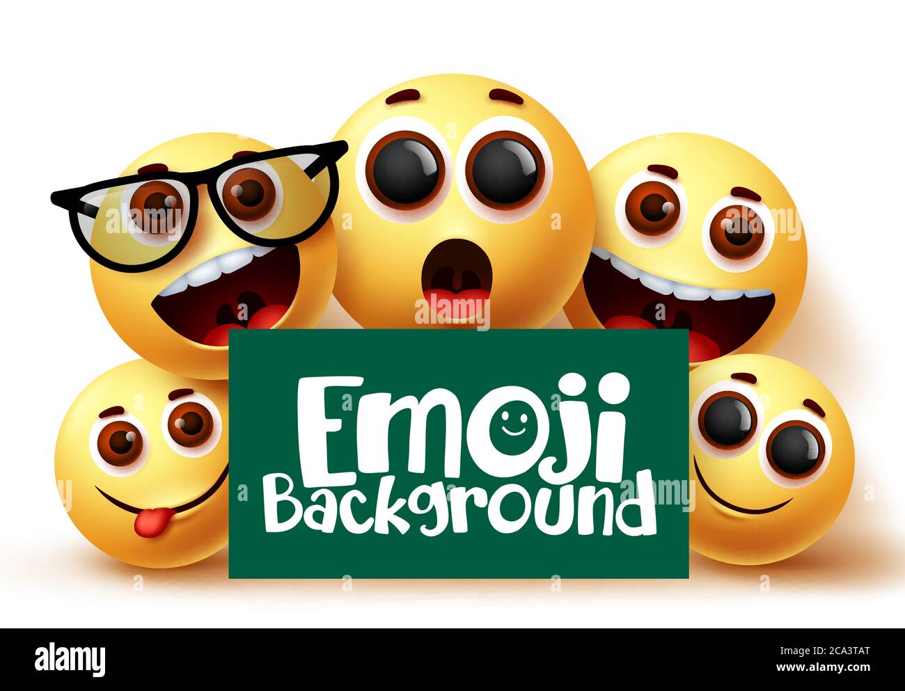 Emoji Smileys Vektor Hintergrund. Emojis Emoticons in fröhlichen und lustigen Mimik mit grünen Raum für Text in weißem Hintergrund. Vektor Stock Vektor