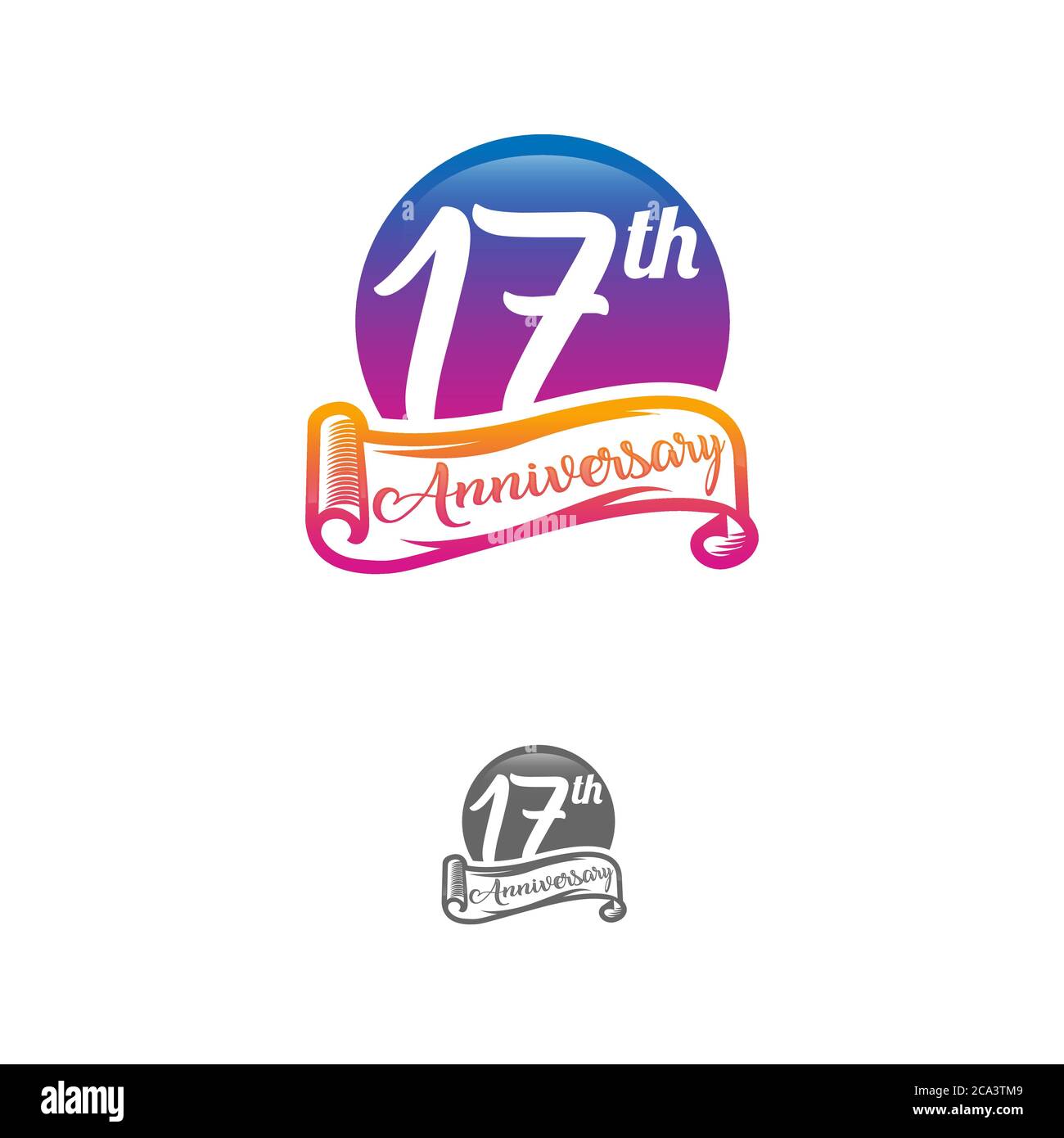 17 Jahre Jubiläum Logo Vorlage isoliert auf weiß, schwarz und weiß Stempel 17th Jahrestag Icon Label mit Band Stock Vektor