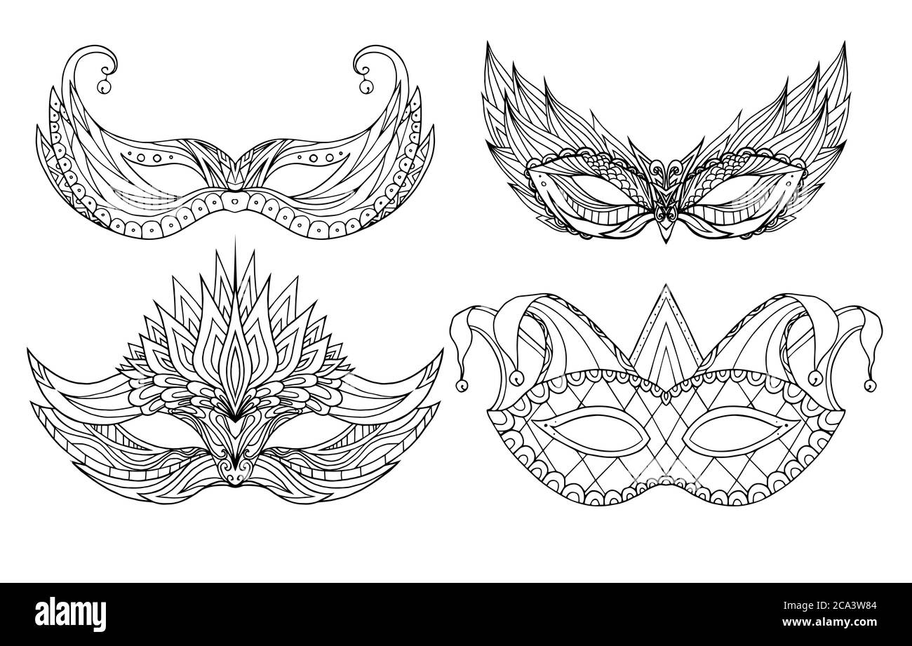 Set von handgezeichneten Doodle Gesicht Urlaub Masken. Festival Mardi Gras, Maskerade. Stock Vektor