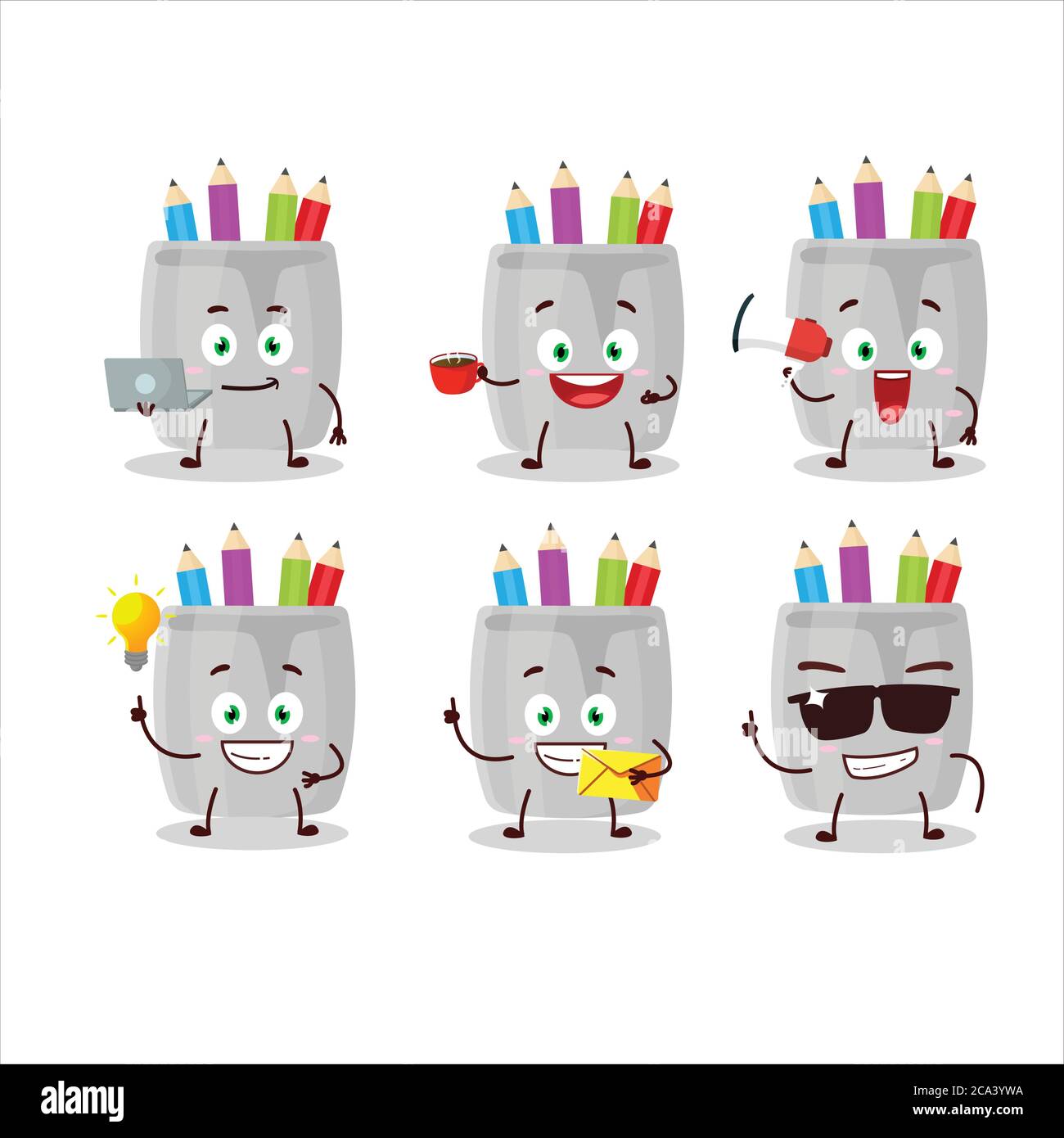 Glas Bleistift Cartoon-Figur mit verschiedenen Arten von Business-Emoticons Stock Vektor