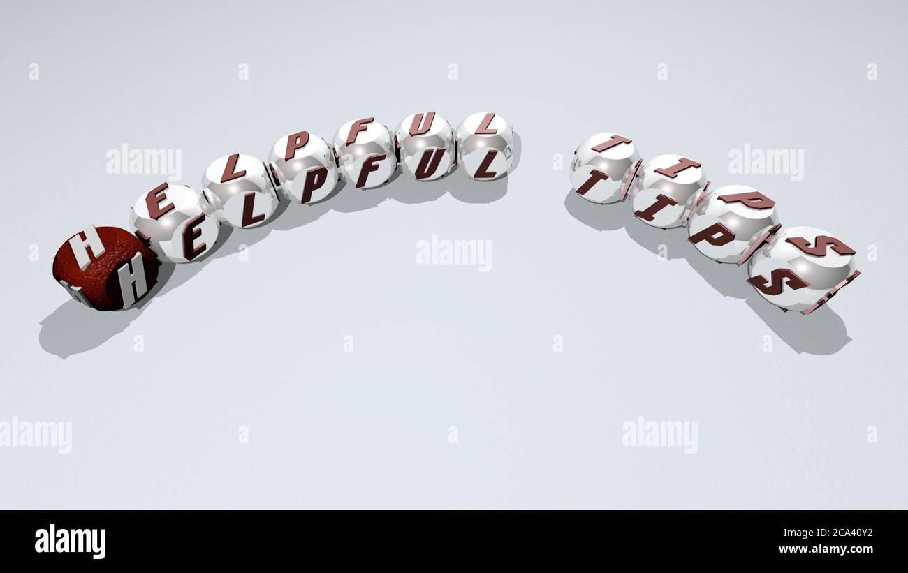 Kreuzworträtsel von hilfreichen Tipps angeordnet durch kubische Buchstaben auf einem Spiegelboden, Konzept Bedeutung und Präsentation. Illustration und Business. 3D-Illustration Stockfoto