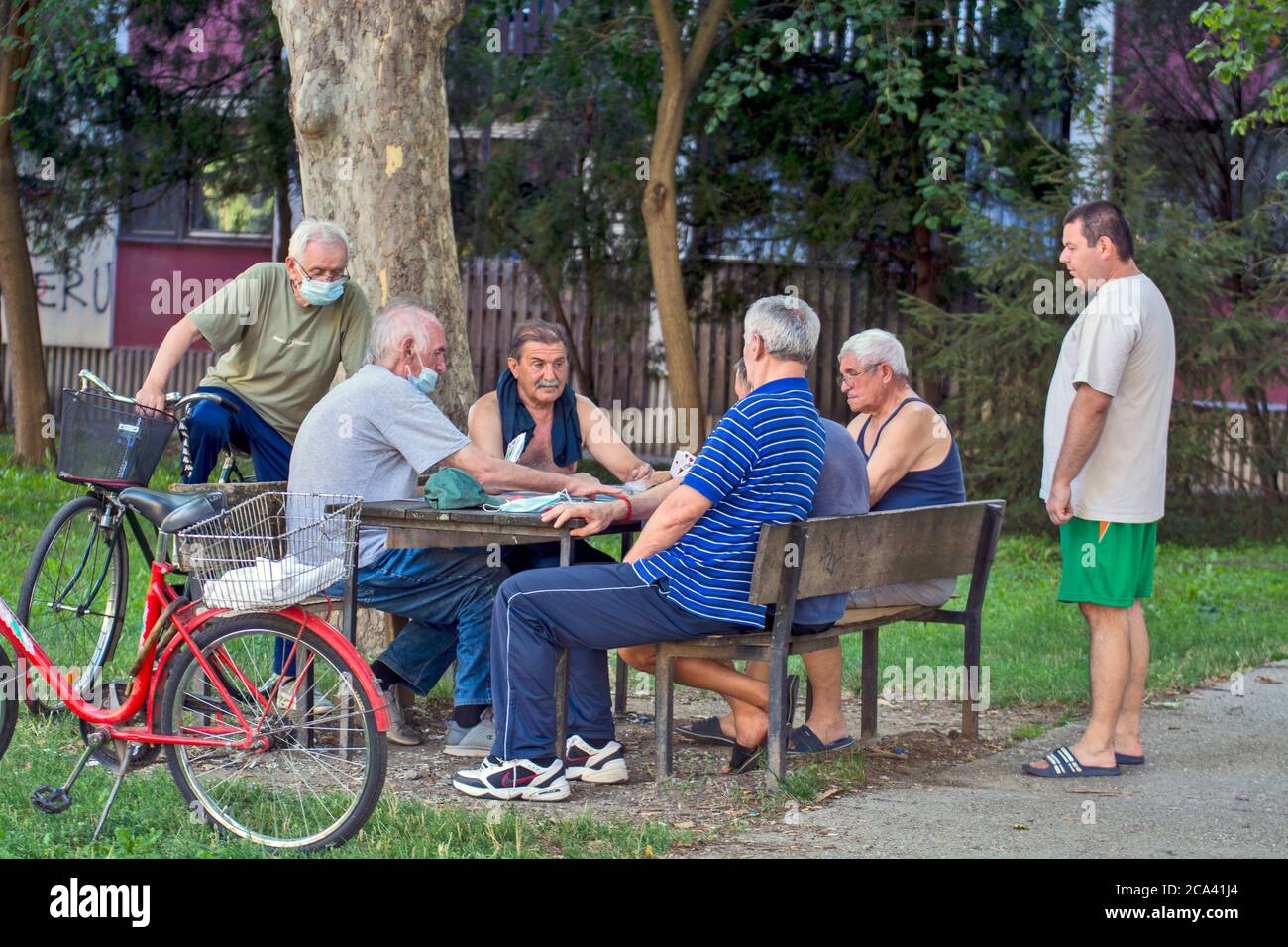 Zrenjanin, Serbien, 29. Juli 2020. Ältere Herren und Rentner spielen jeden Tag Karten im Schatten eines großen Baumes. Es gibt immer neugierige Beobachter Stockfoto