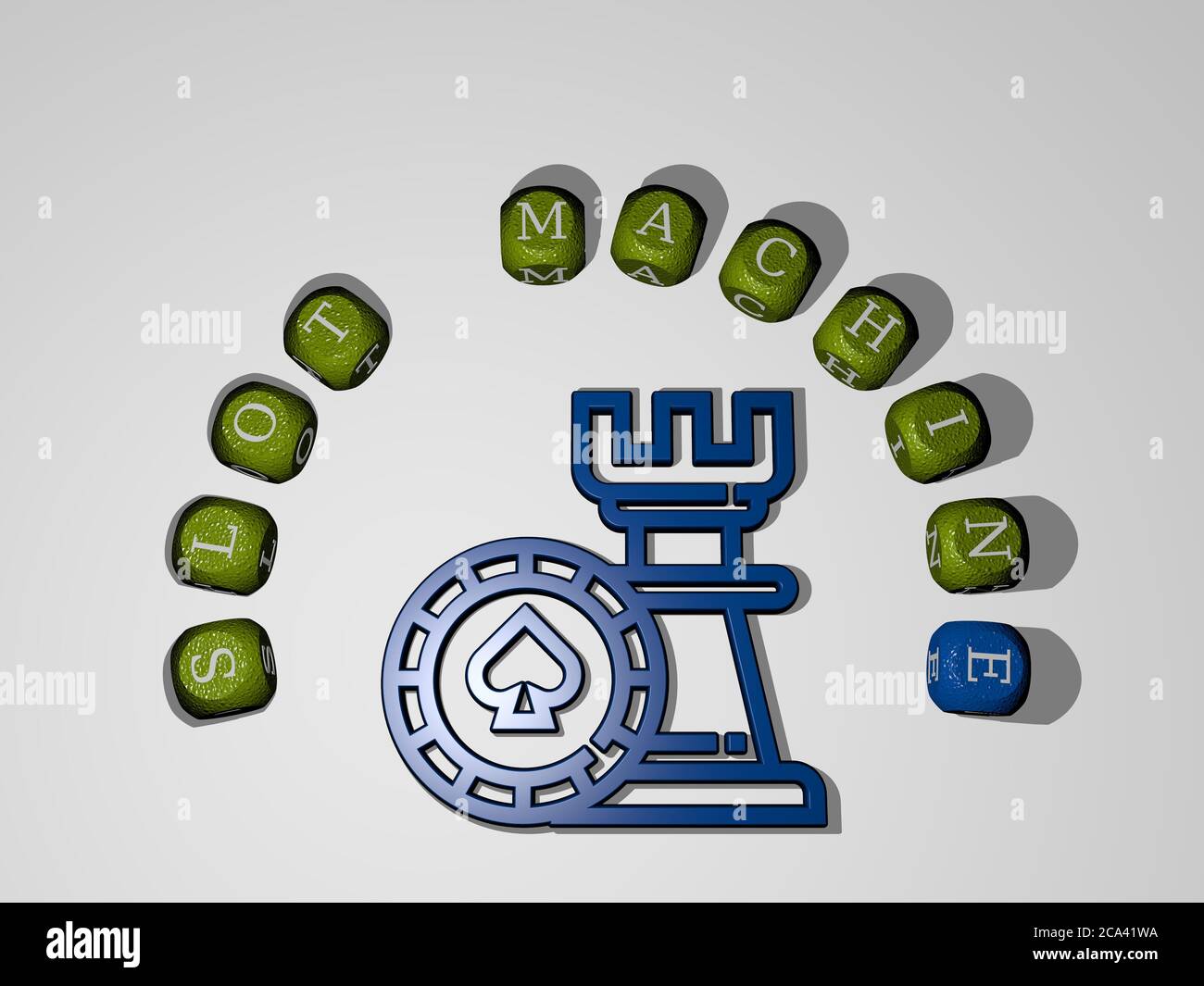 3D-Darstellung von SPIELAUTOMATEN mit Symbol an der Wand und Text angeordnet durch metallische kubische Buchstaben auf einem Spiegelboden für Konzept Bedeutung und Diashow-Präsentation. Illustration und Casino Stockfoto