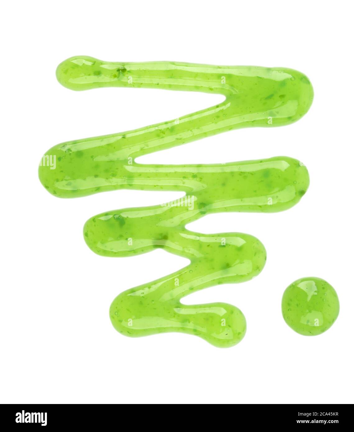 Pistazien-Marmelade Nieselregen isoliert auf weißem Hintergrund. Grüne Marmelade. Draufsicht. Stockfoto