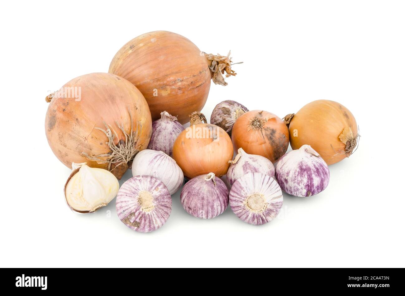 Garlics und Zwiebeln isoliert auf weißem Hintergrund. Stockfoto