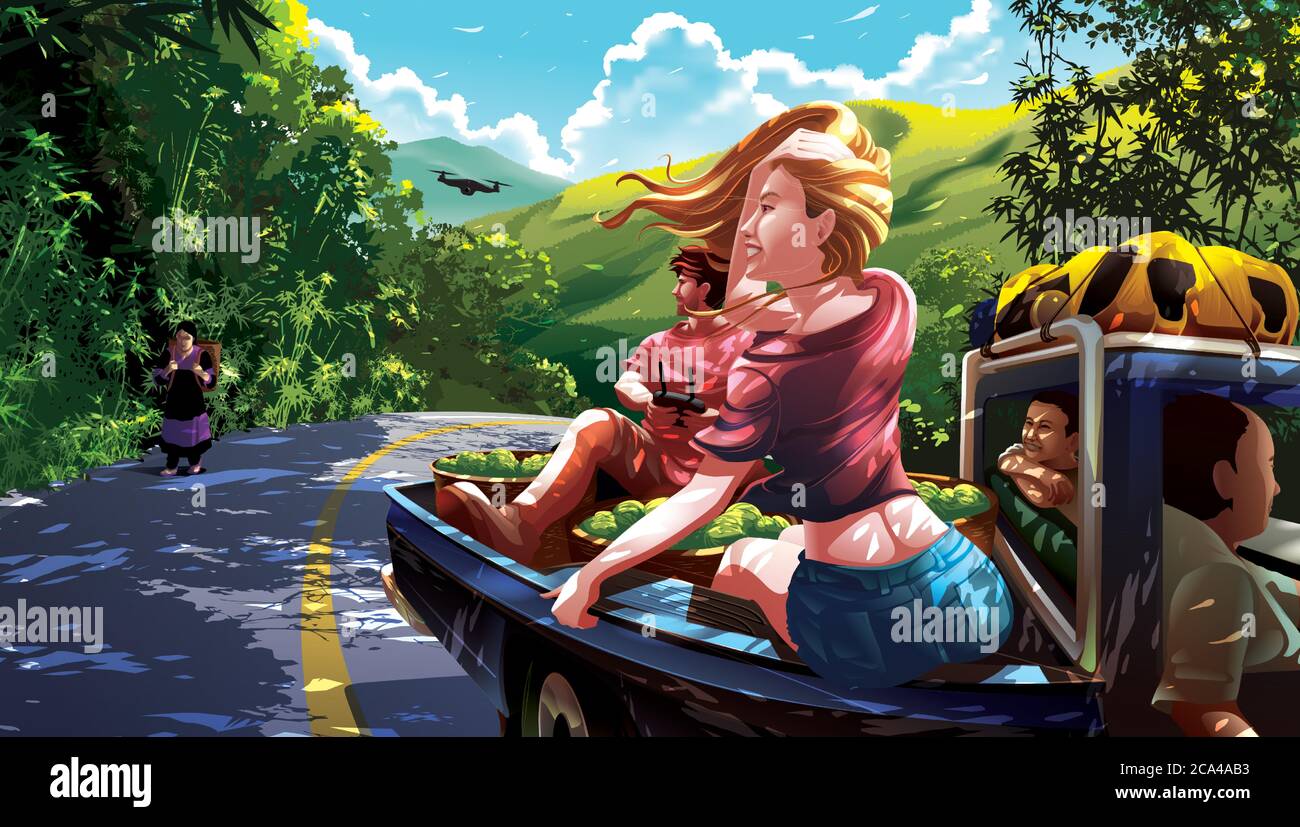 Vektor-Illustration von 2 westlichen Touristen oder digitale Nomaden verlassen sich auf ein Dorfbewohner Pickup Reisen auf den Bergen im südostasiatischen Land. Stock Vektor