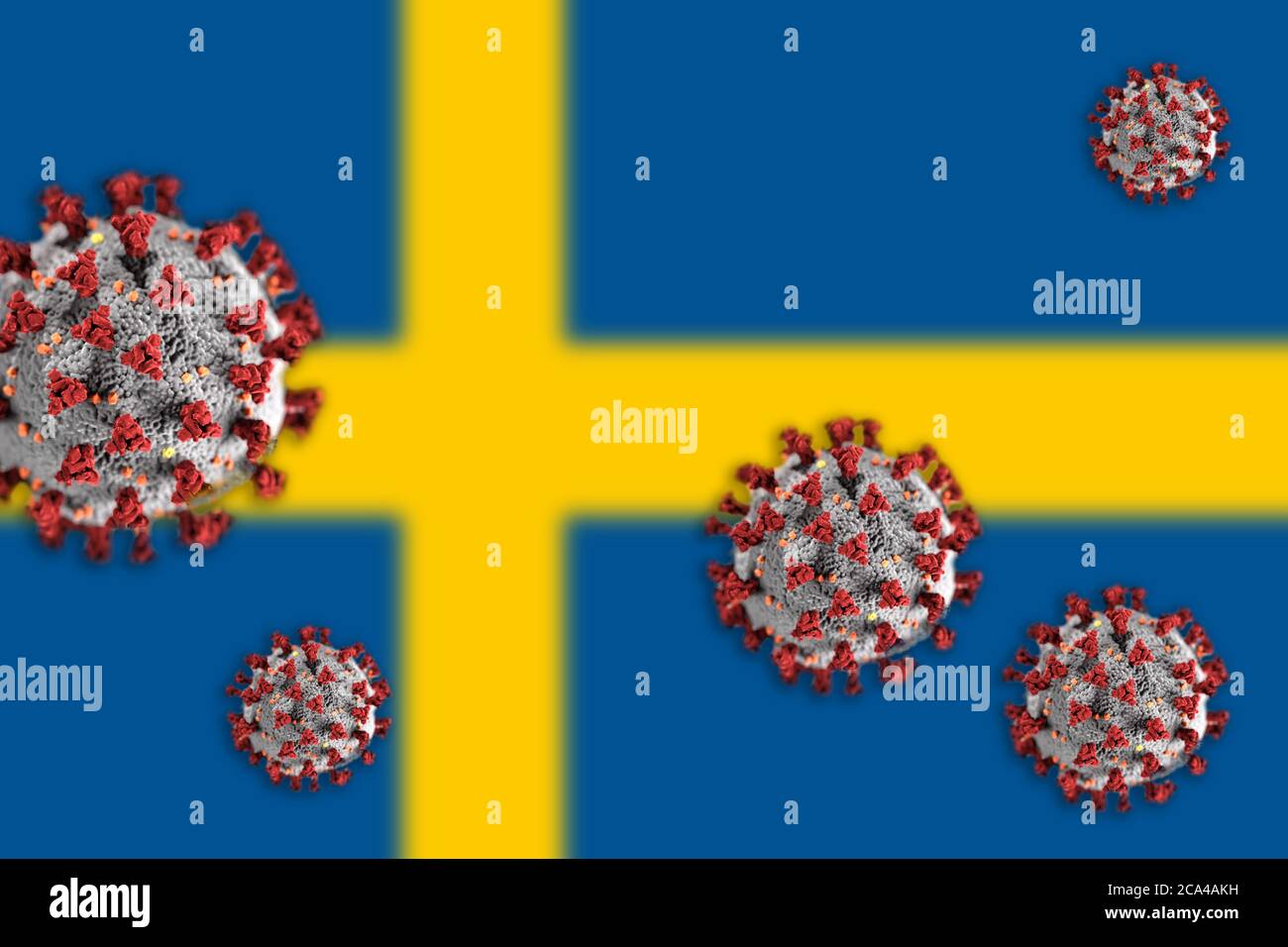 Konzept von Coronavirus oder Covid-19 Partikeln überschattet verschwommene Flagge Schwedens im Hintergrund. Stockfoto