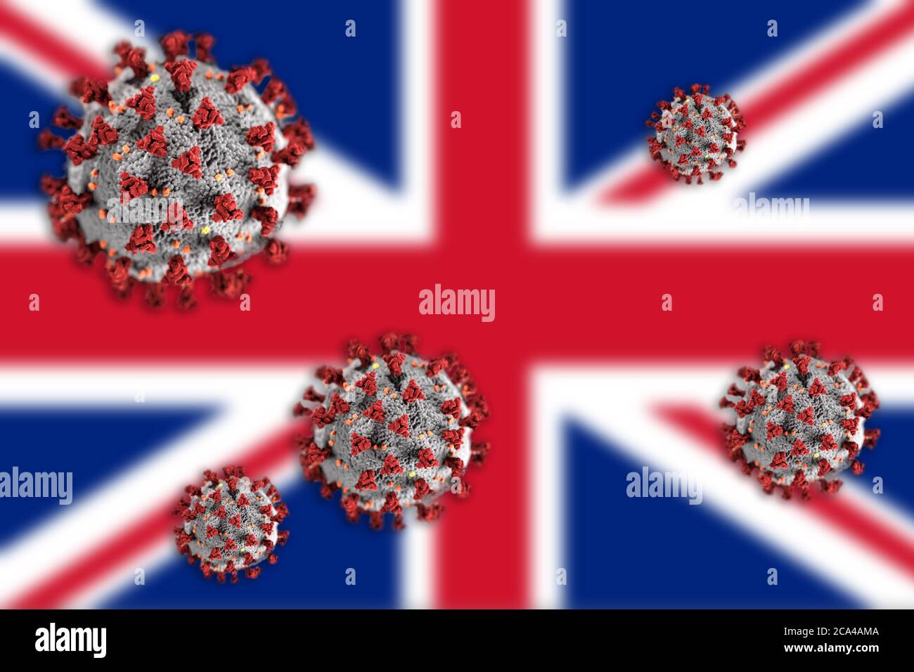 Konzept des Coronavirus oder Covid-19 Partikel überschattet verschwommene Flagge von Großbritannien, vereinigtes Königreich im Hintergrund. Stockfoto