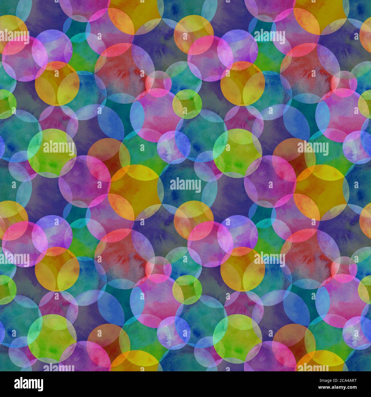 Mehrfarbiges Neon-Aquarell-Nahtloses Muster mit Punktmuster. Abstrakt Aquarell Hintergrund mit bunten Kreisen auf schwarz. Handgezeichneter runder Text Stockfoto