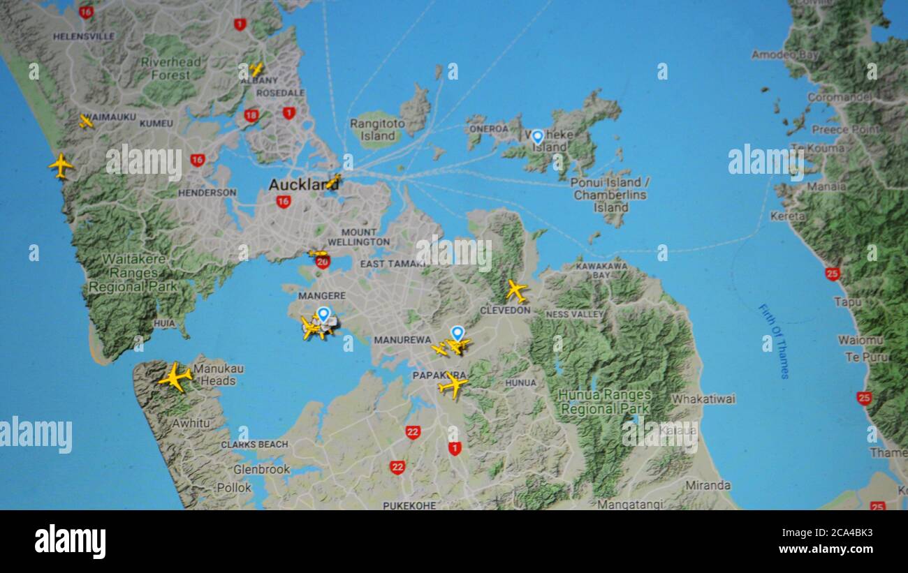 Flugverkehr über Auckland aera (04. august 2020, UTC 01.40), im Internet mit Flightradar 24 Website, während der Coronavirus Pandemie Periode Stockfoto