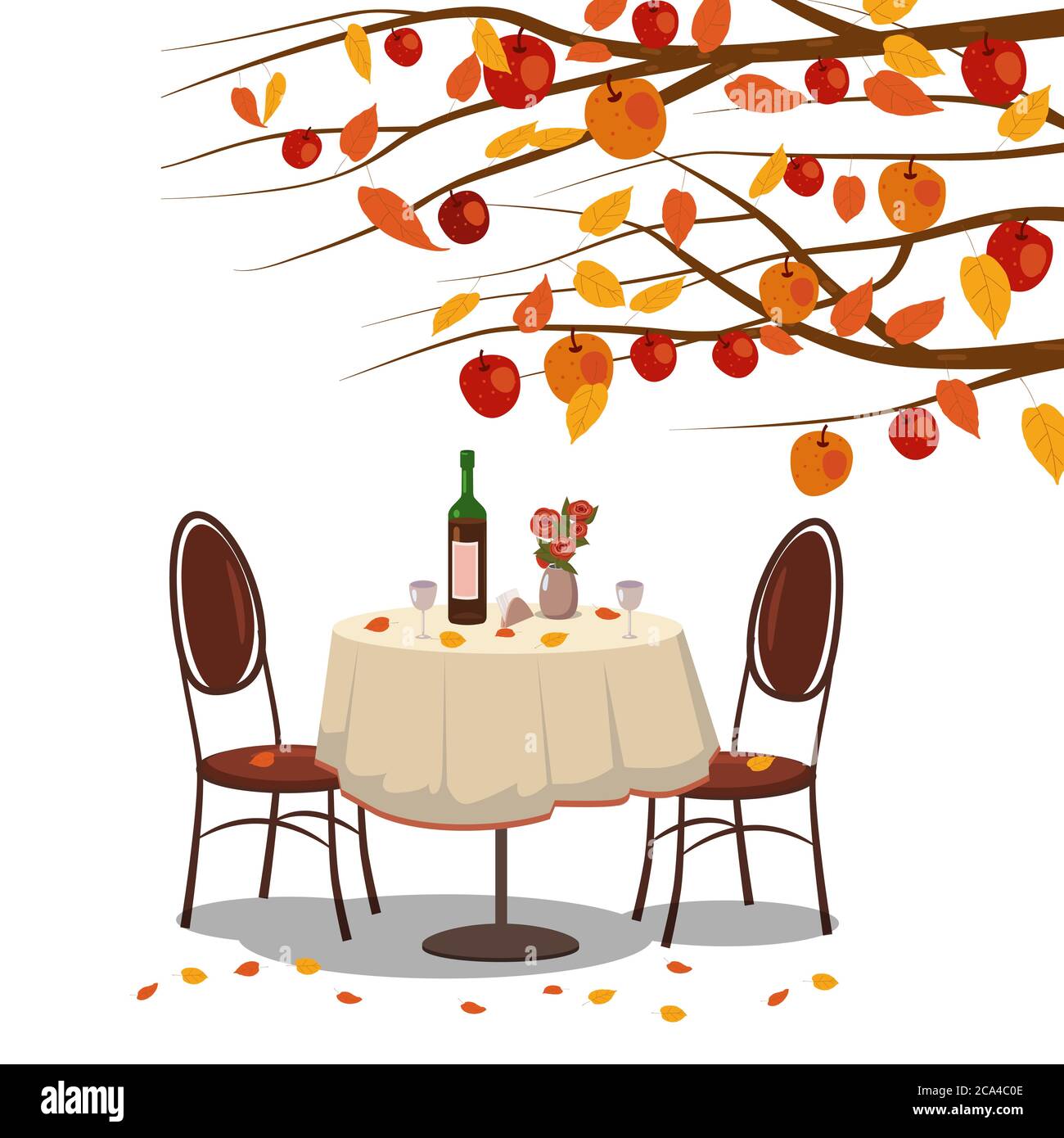 Herbst Cafe Tisch mit Wein für zwei Personen Herbst Zweige der fallenden Blätter Laub, Stühle Blumen in Park romantische Stimmung. Isolierte Abbildung Stock Vektor