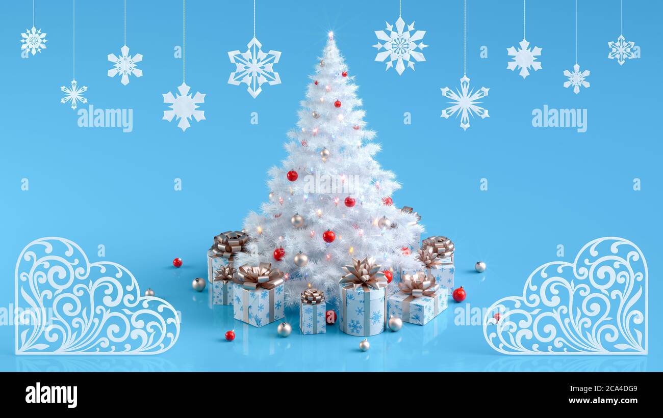 Weiß geschmückter Weihnachtsbaum mit funkelnden beleuchteten Weihnachtslichtern Geschenkschachteln und Schneeflocken. Weihnachtskarte mit Schneeflocken und Ornamenten. 3D-Rendering. Stockfoto