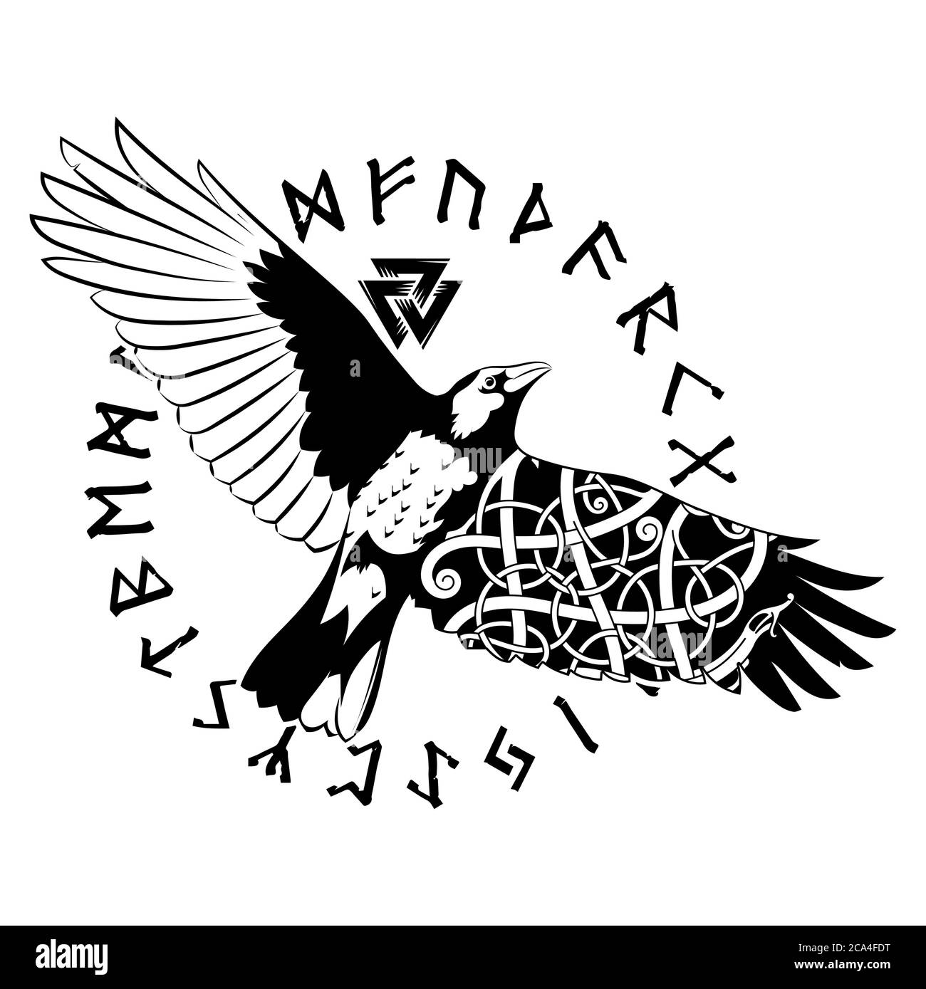 Fliegende schwarze Rabe und alte skandinavische Runen Stock Vektor
