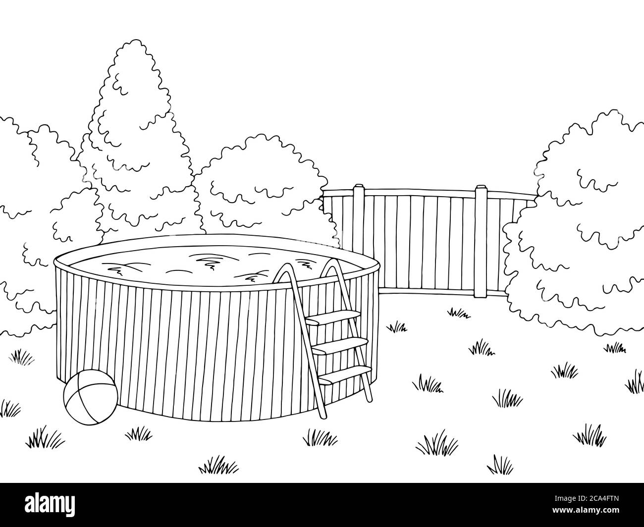 Garten Schwimmbad Grafik schwarz weiß Landschaft Skizze Illustration Vektor Stock Vektor