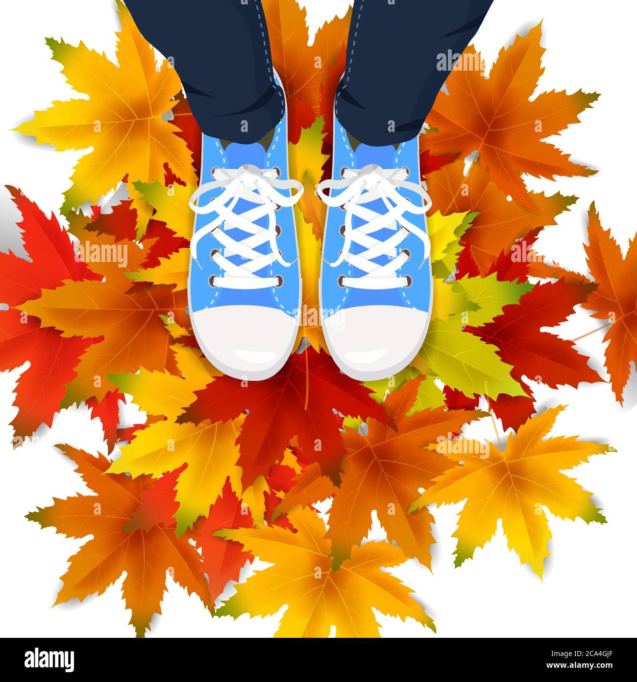 Herbst Blätter Hintergrund Vorlage mit roten, orange, braun und gelb Ahornblätter Beine Draufsicht in Schuhen Sneakers auf bunt fallende Blätter. Vektor Stock Vektor